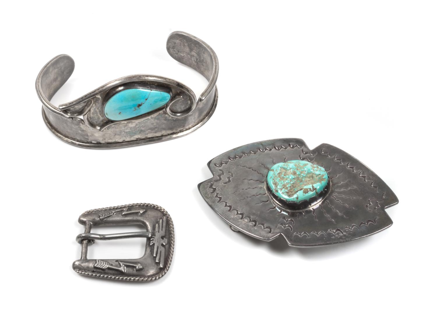 Southwestern Silver and Turquoise Belt Buckle and Bracelet Height of first buckle 2 x width 3 inches