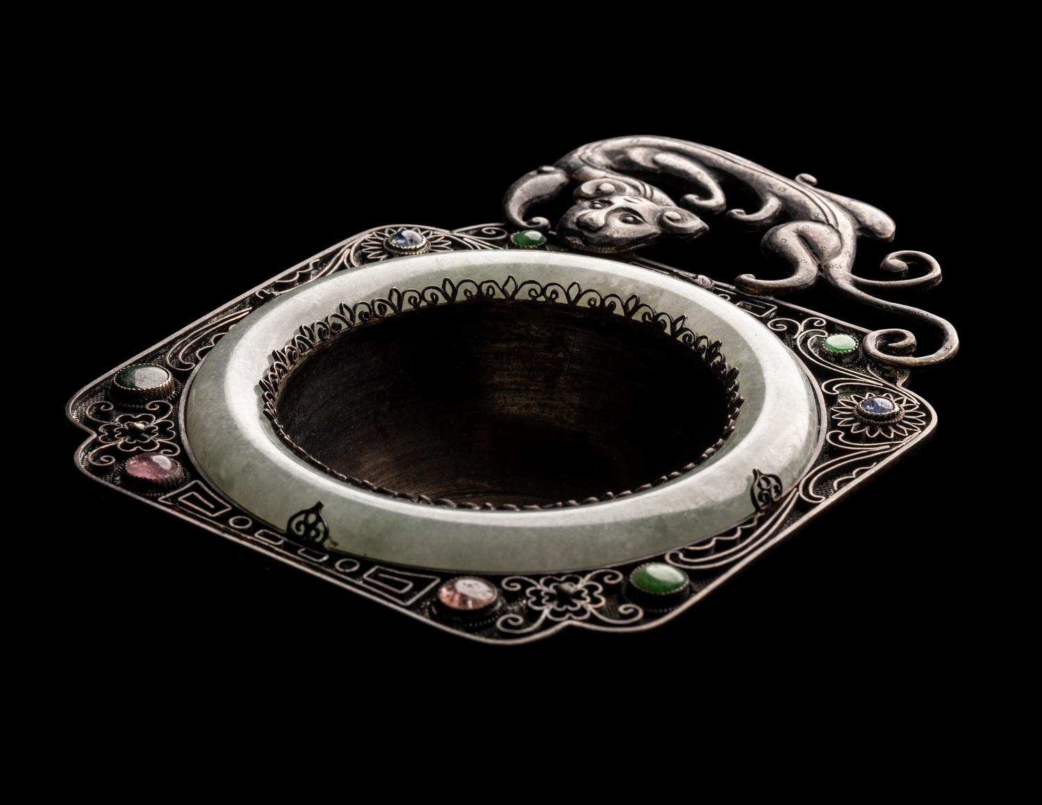 A Chinese Jadeite Inset Silver Mounted Brush Washer