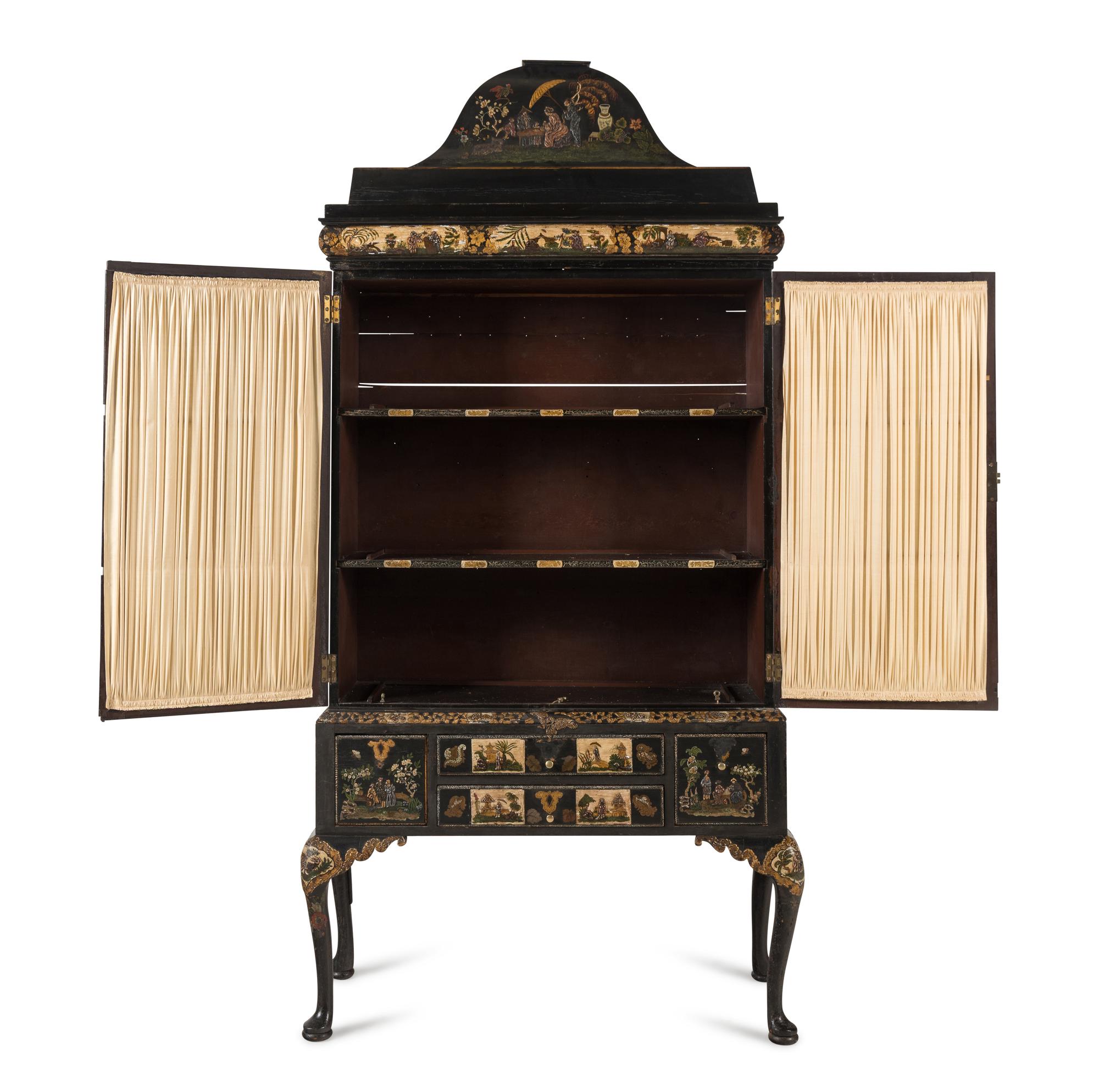 A Queen Anne Style Polychrome and Black Japanned Bookcase on Stand
