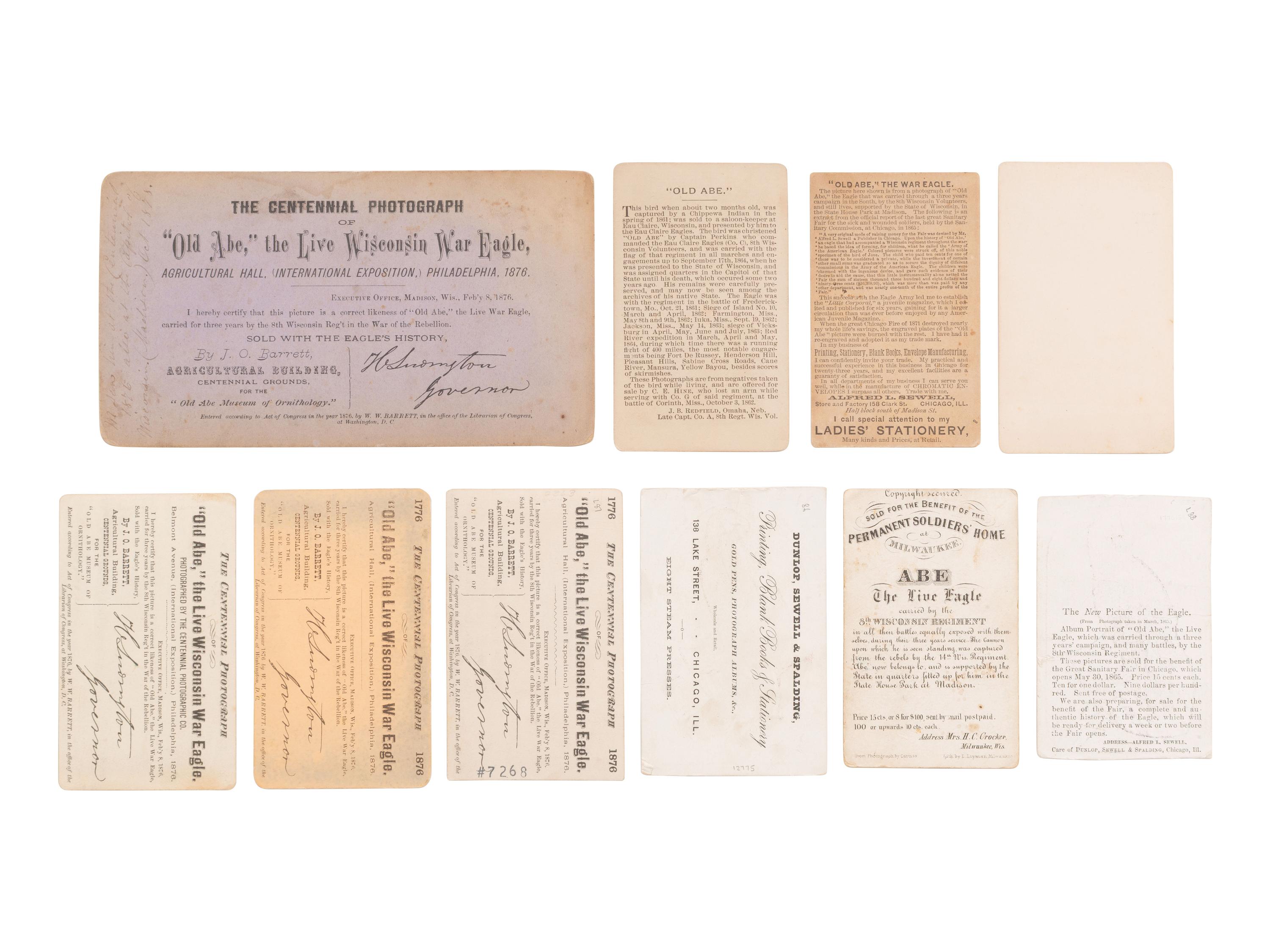 [CIVIL WAR] 11 items identified to 8th Wisconsin bald eagle mascot "Old Abe" incl. CDVs and booklet.