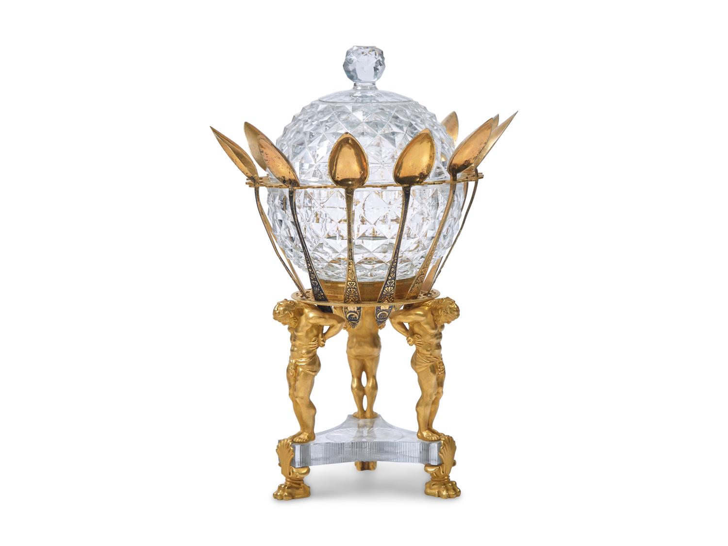 A French Neoclassical Gilt Bronze Mounted Cut-Glass Caviar Server with French Silver Gilt Spoons