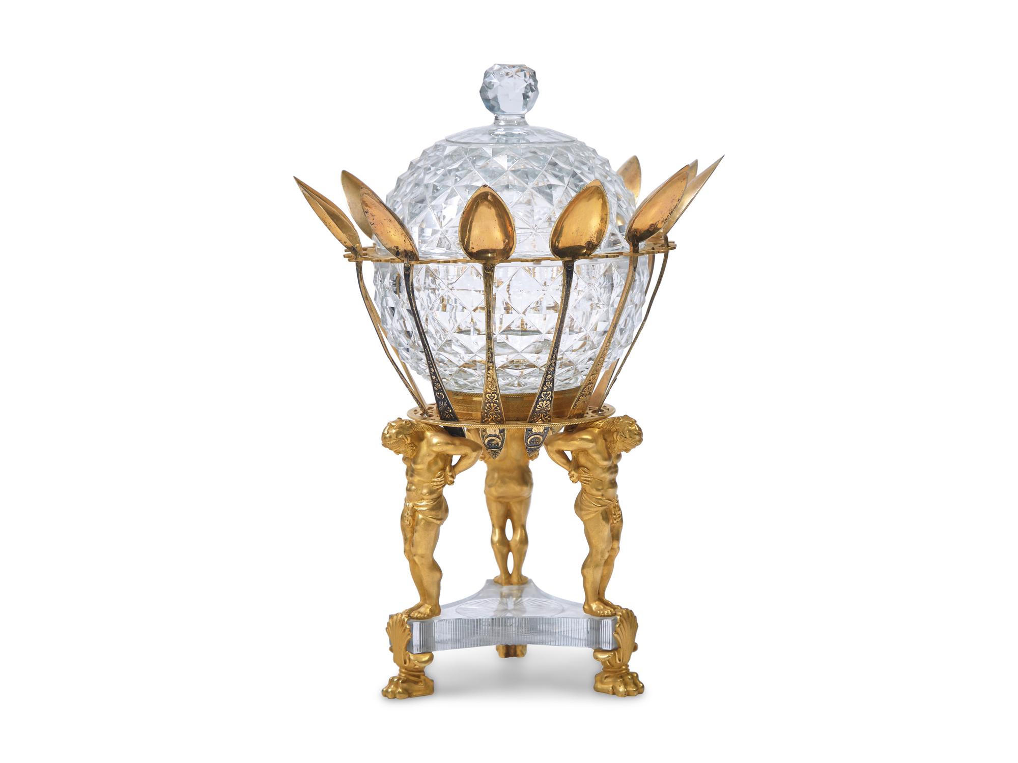 A French Neoclassical Gilt Bronze Mounted Cut-Glass Caviar Server with French Silver Gilt Spoons