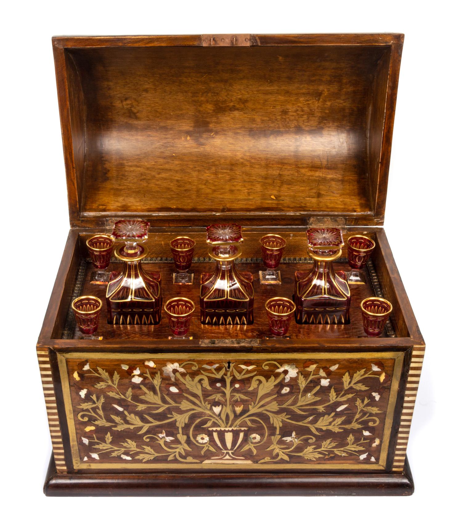 A Brass and Mother-of-Pearl Inlaid Cave a Liqueur Width 21 3/4 inches. — 19TH/20TH CENTURY