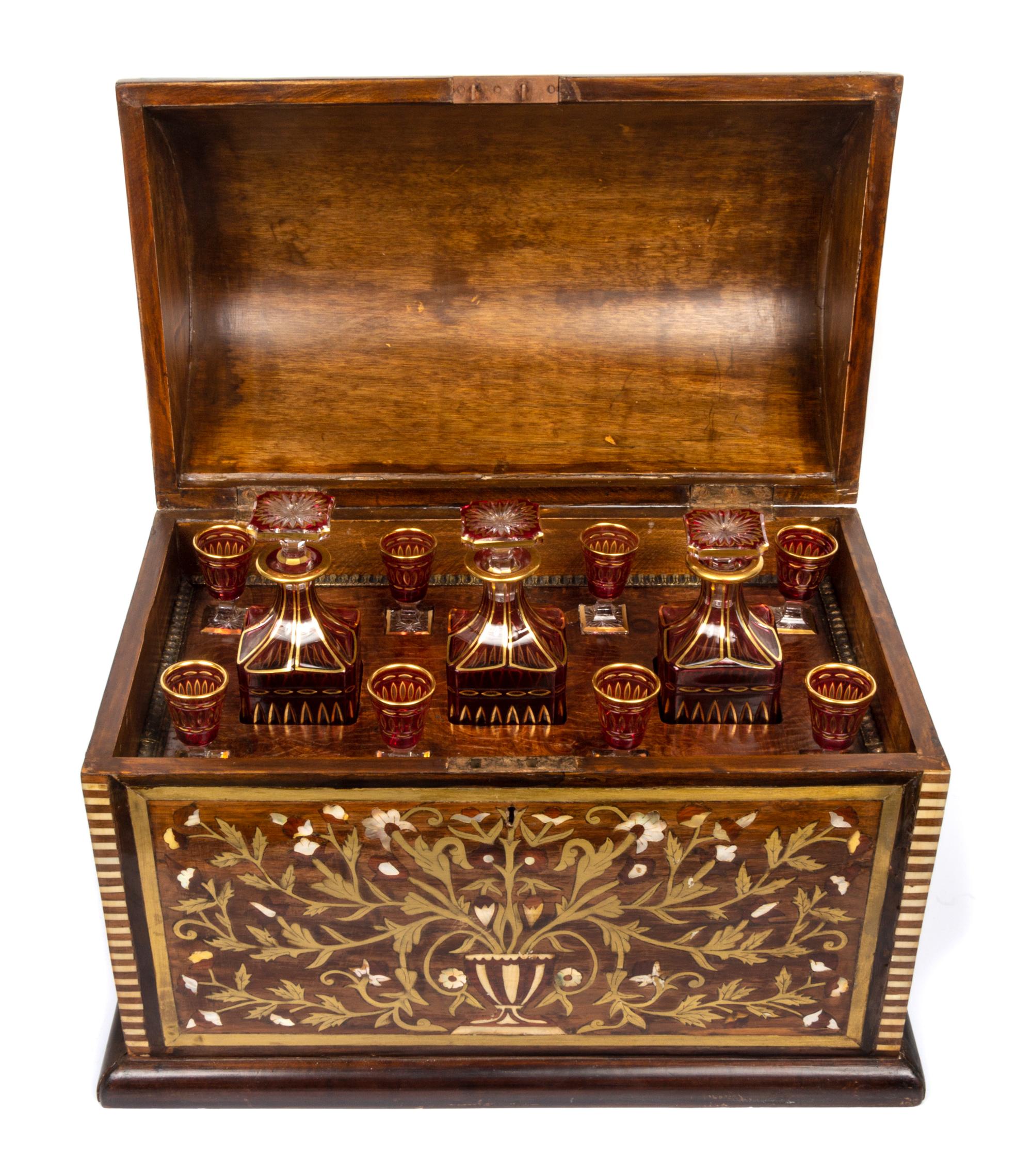 A Brass and Mother-of-Pearl Inlaid Cave a Liqueur Width 21 3/4 inches. — 19TH/20TH CENTURY