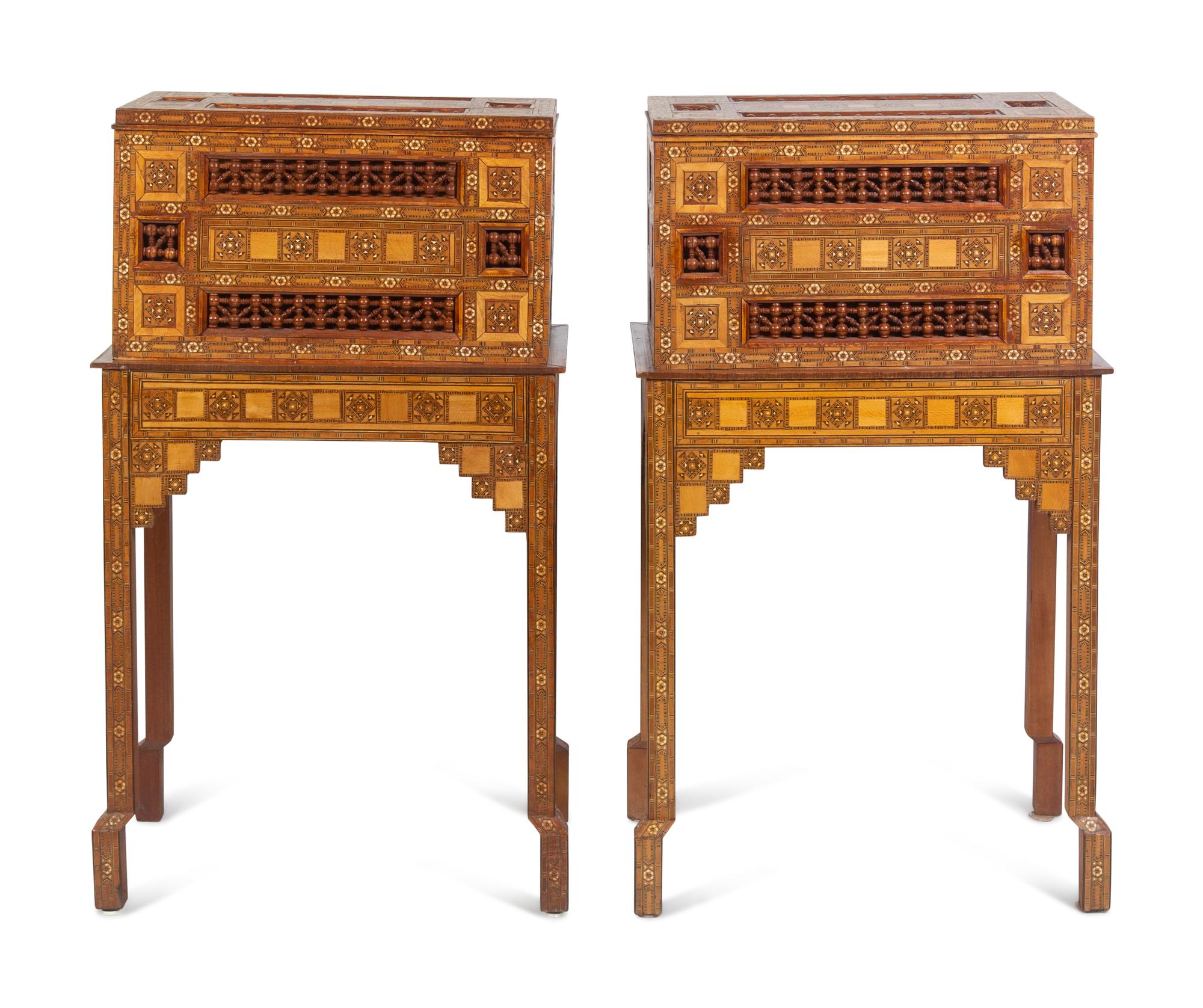 A Pair of Moroccan Marquetry Chests on Stands