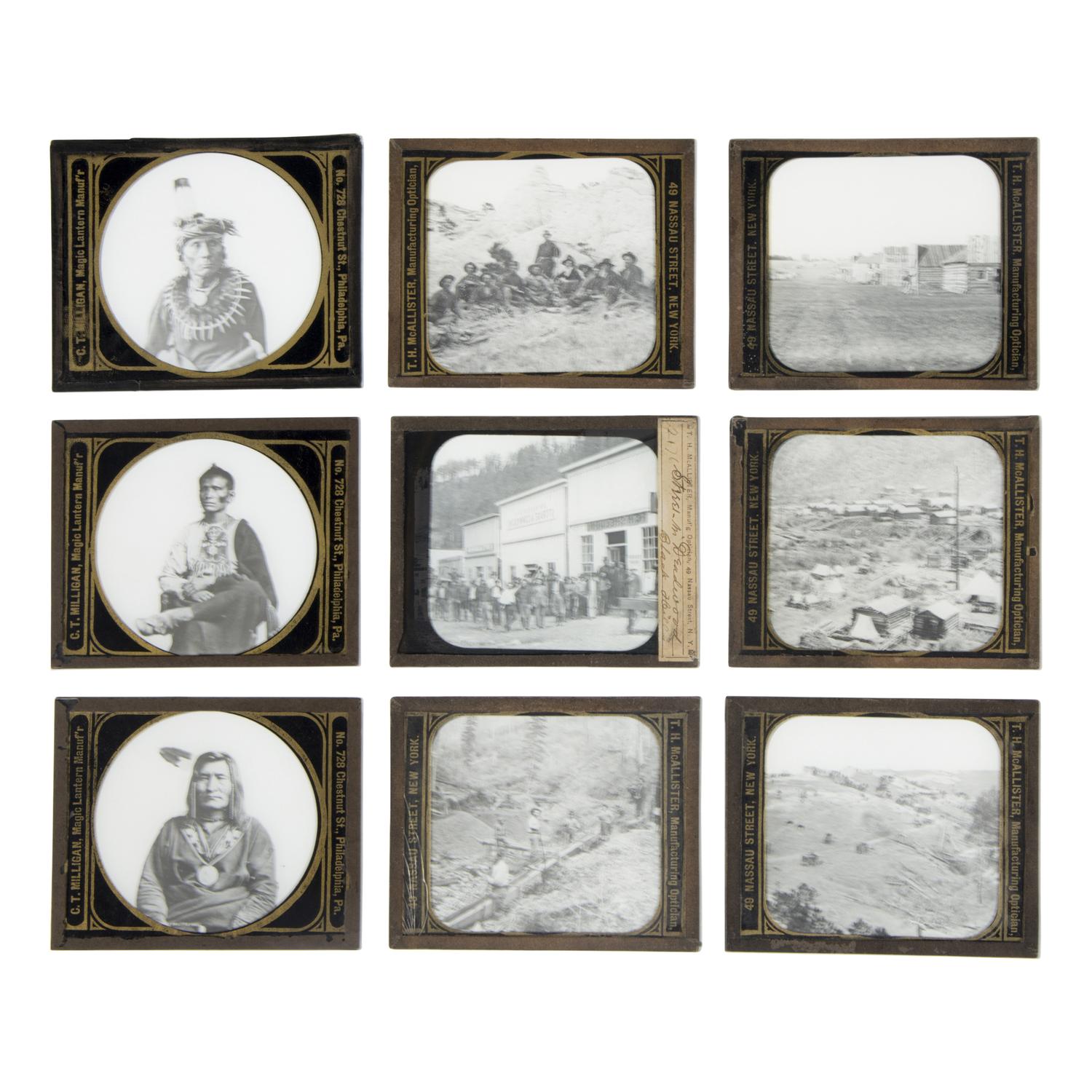 [Western Americana]. A group of 17 magic lantern slides and glass negatives, including towns, Native American subjects, and other personalities.