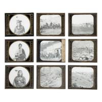 [Western Americana]. A group of 17 magic lantern slides and glass negatives, including towns, Native American subjects, and other personalities.