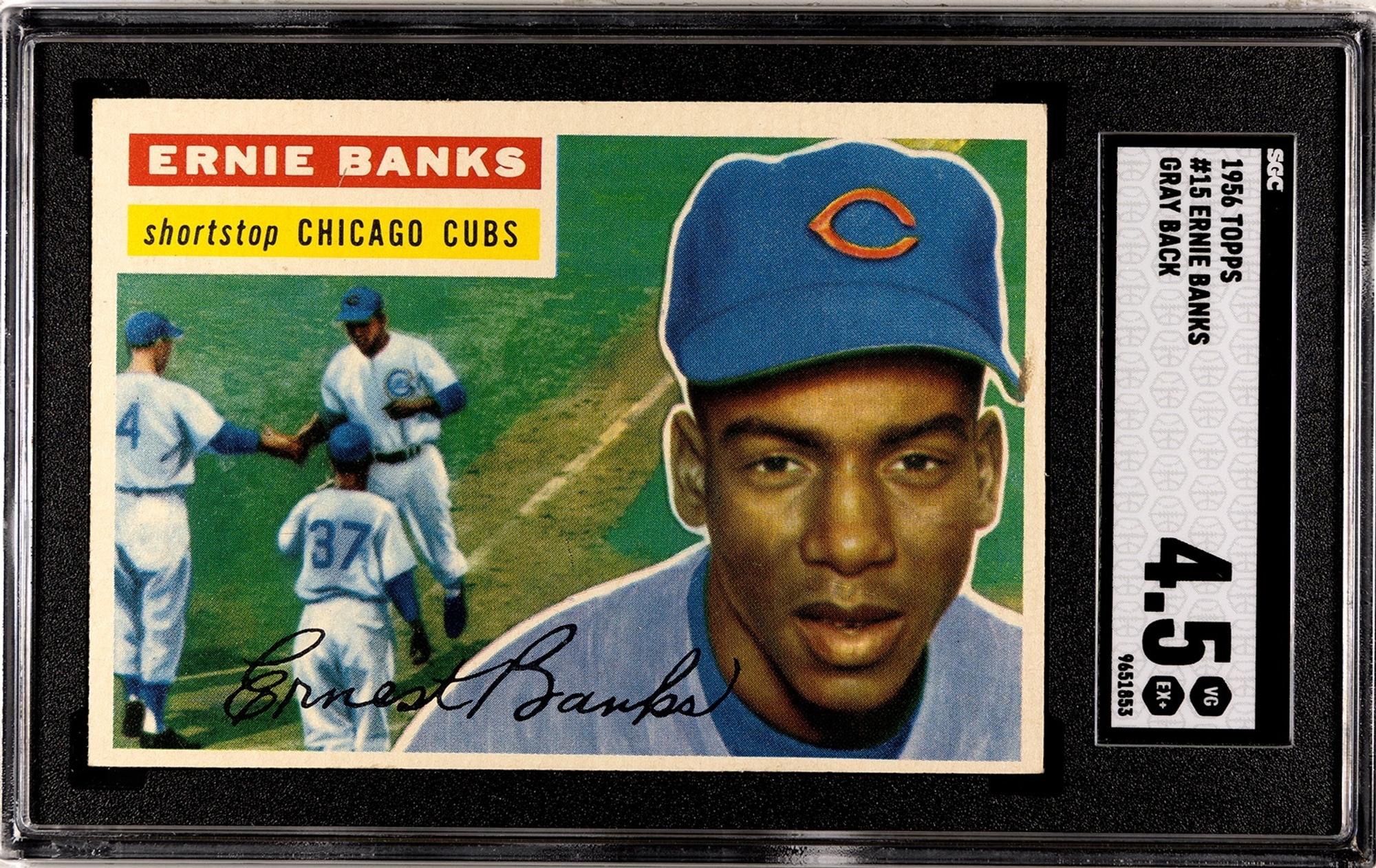 A 1956 Topps Ernie Banks Baseball Card No. 15 Gray Back (SGC 4.5 VG-EX+)