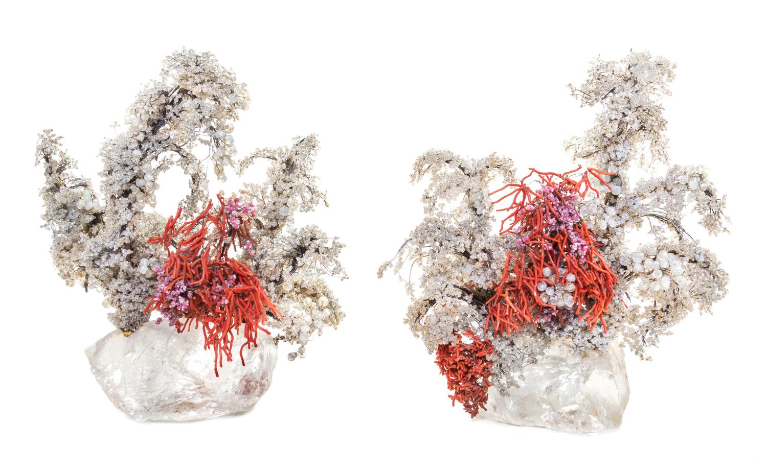 A Pair of Rock Crystal, Coral and Glass Tree Sculptures Height of tallest 15 1/4 inches. — MISIA SERT (1872-1950), CIRCA 1930