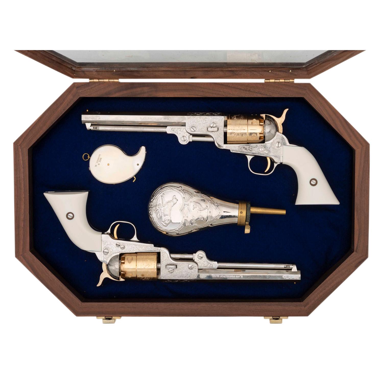 Display Cased Pair of Pietta .44 Caliber Plated & Engraved Reproduction Colt 1851 Navy Type Percussion Revolvers