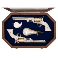 Display Cased Pair of Pietta .44 Caliber Plated & Engraved Reproduction Colt 1851 Navy Type Percussion Revolvers