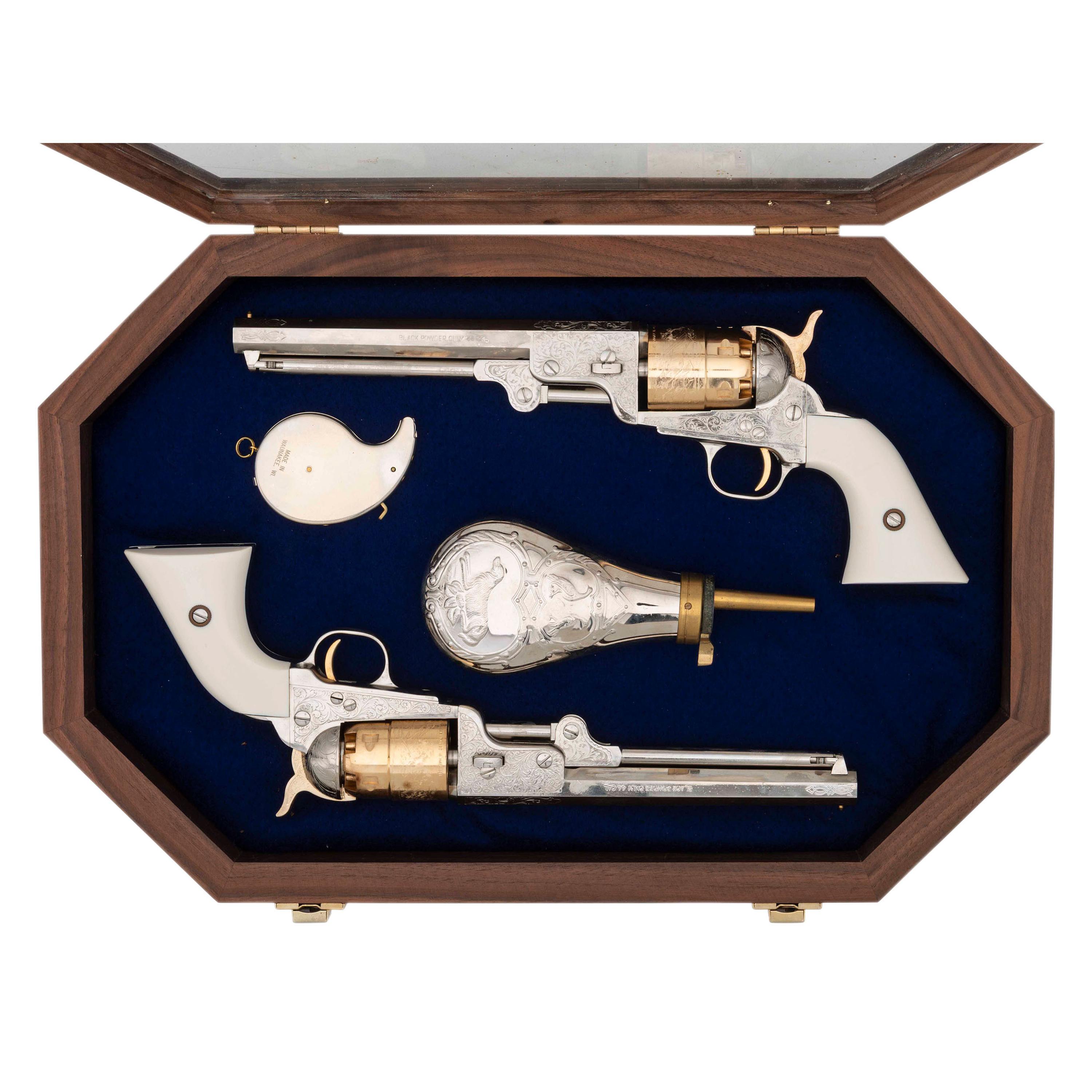 Display Cased Pair of Pietta .44 Caliber Plated & Engraved Reproduction Colt 1851 Navy Type Percussion Revolvers