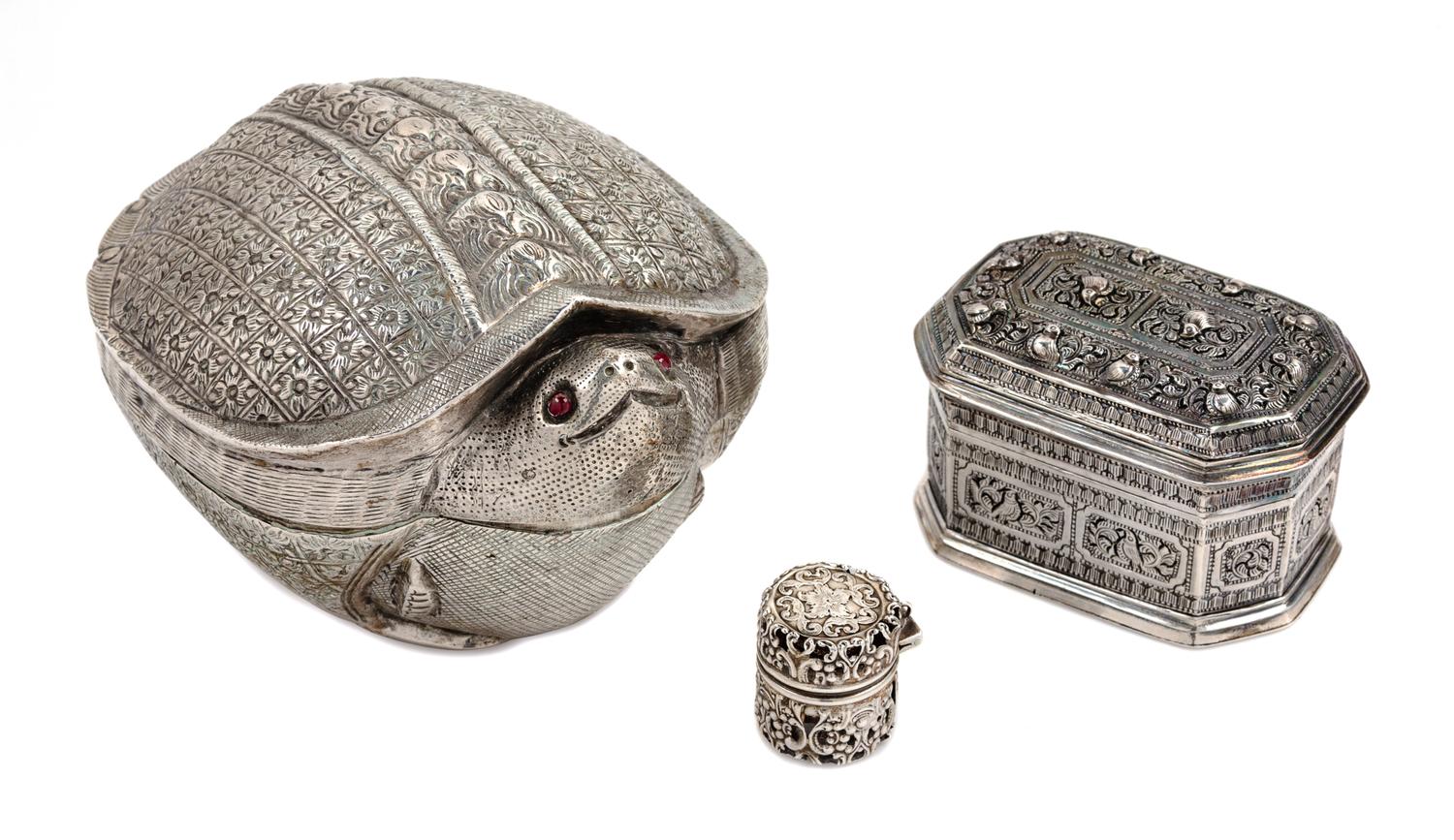 An Indian Silver Zoomorphic Table Casket Height of tallest 3 inches. — LATE 19TH/EARLY 20TH CENTURY