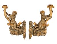 A Pair of Monumental Italian Polychrome Painted and Parcel Gilt Candle Sconces