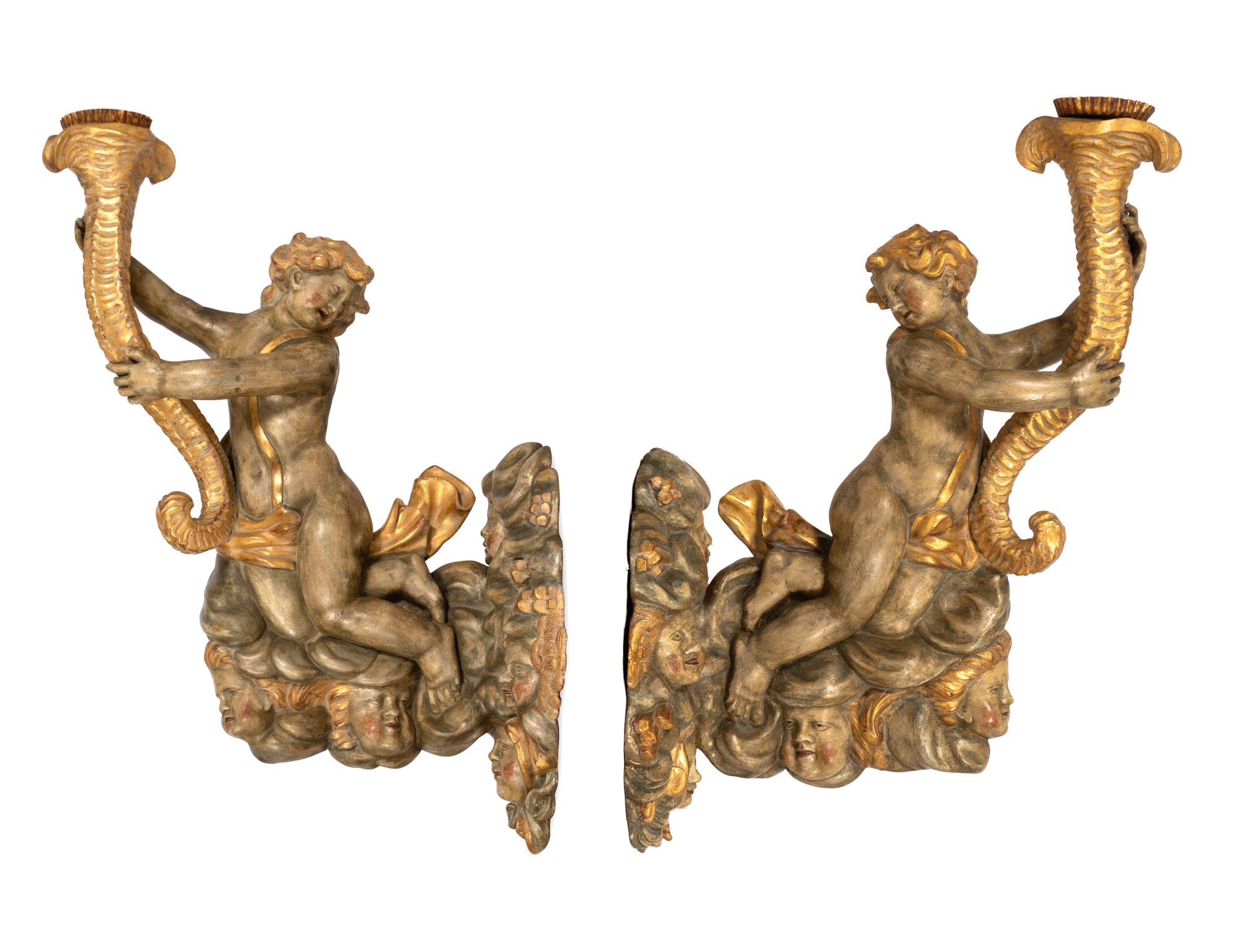 A Pair of Monumental Italian Polychrome Painted and Parcel Gilt Candle Sconces