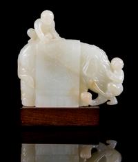 A Pale Celadon Jade Figure of an Elephant and Boys Height 3 1/2 inches. — 18TH CENTURY