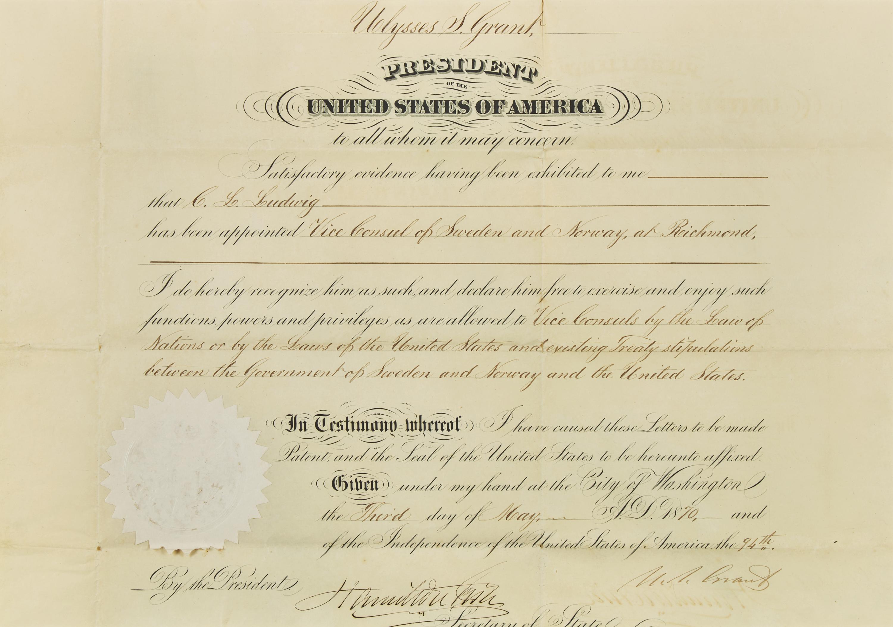 [Presidential] Grant, Ulysses S. Partially-Printed Document, signed