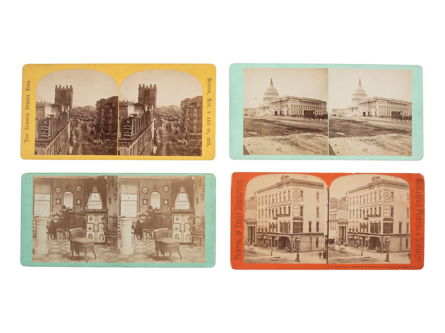 [EARLY PHOTOGRAPHY]. A group of 4 stereoviews of an identified photographic wagon and studios, incl. J.H. Kent (Rochester) and G.P. Lasselle (Boston).