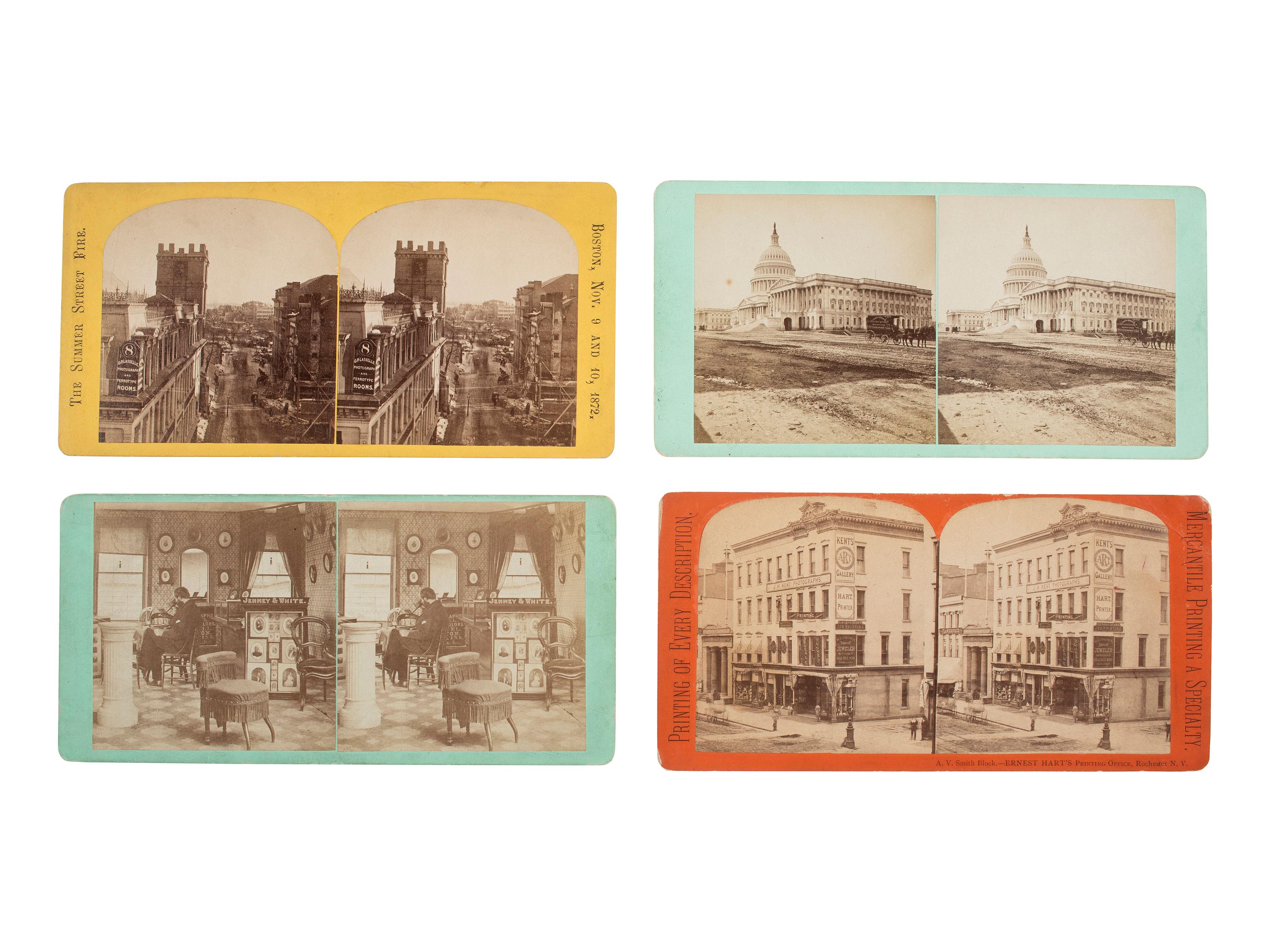 [EARLY PHOTOGRAPHY]. A group of 4 stereoviews of an identified photographic wagon and studios, incl. J.H. Kent (Rochester) and G.P. Lasselle (Boston).