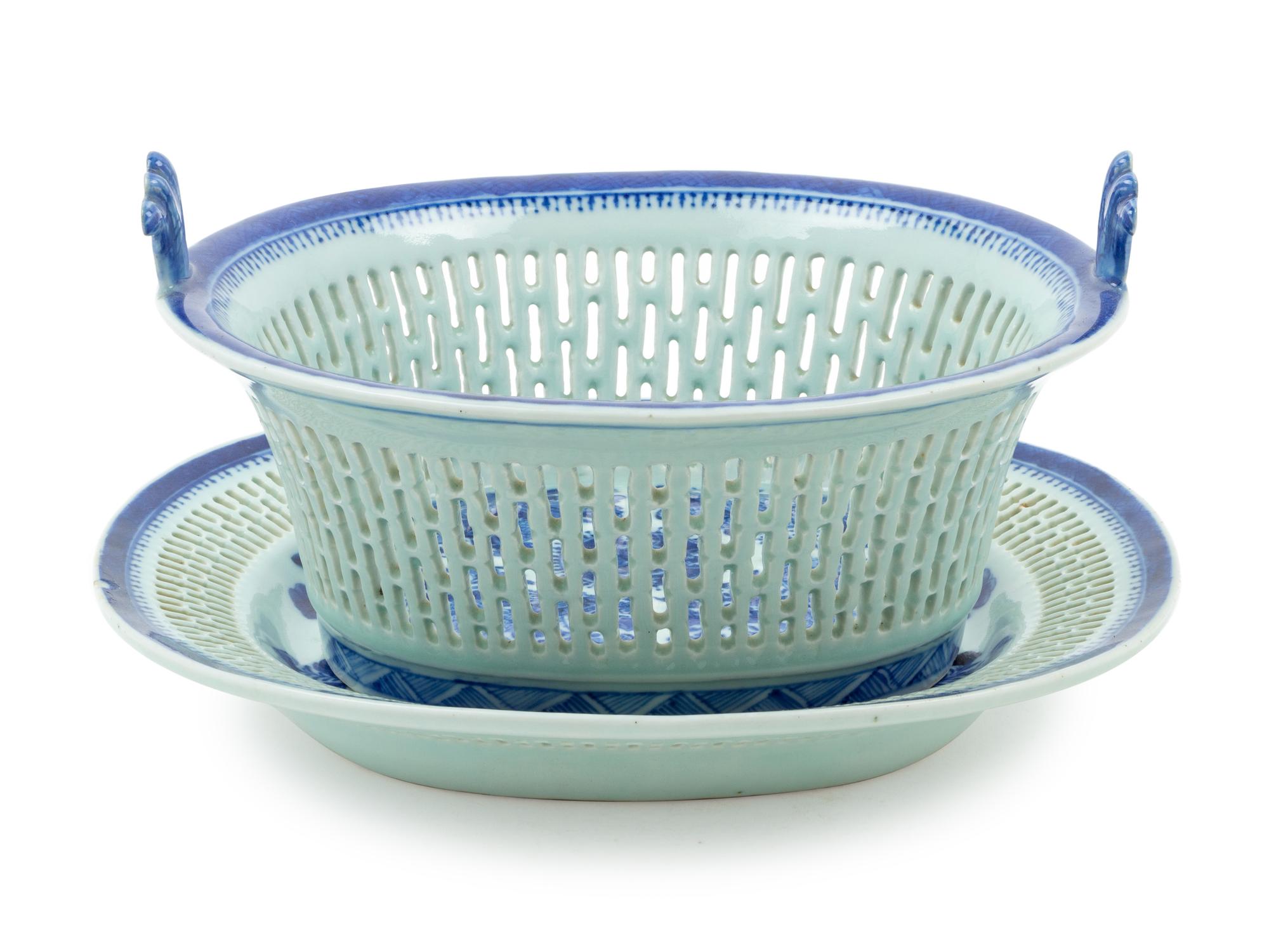 A Chinese Export Blue Fitzhugh Porcelain Basket and Dish