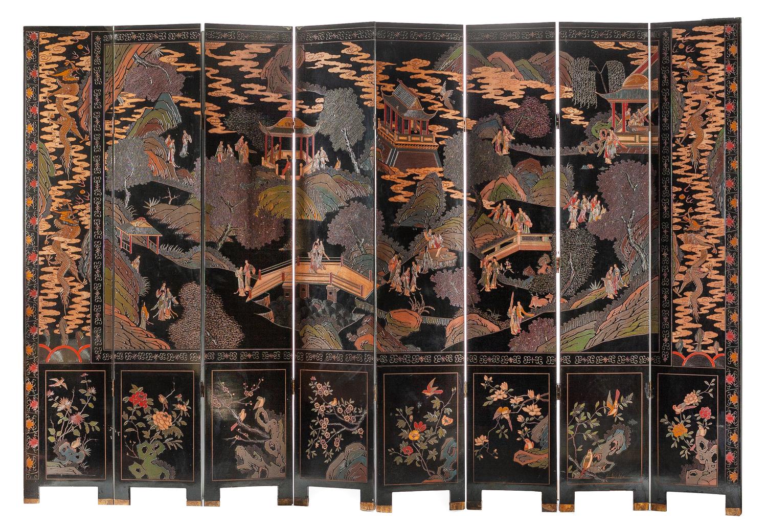 A Chinese Coromandel Eight-Panel Floor Screen Height 96 x width of each panel 17 1/2 inches.