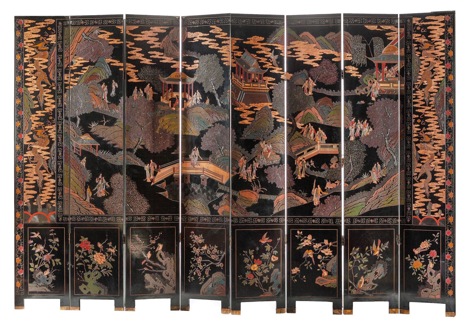 A Chinese Coromandel Eight-Panel Floor Screen Height 96 x width of each panel 17 1/2 inches.