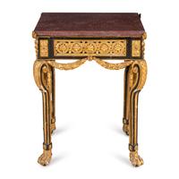 A Neoclassical Style Gilt Bronze Mounted Parcel-Gilt, Ebonized and Porphyry-Top Center Table