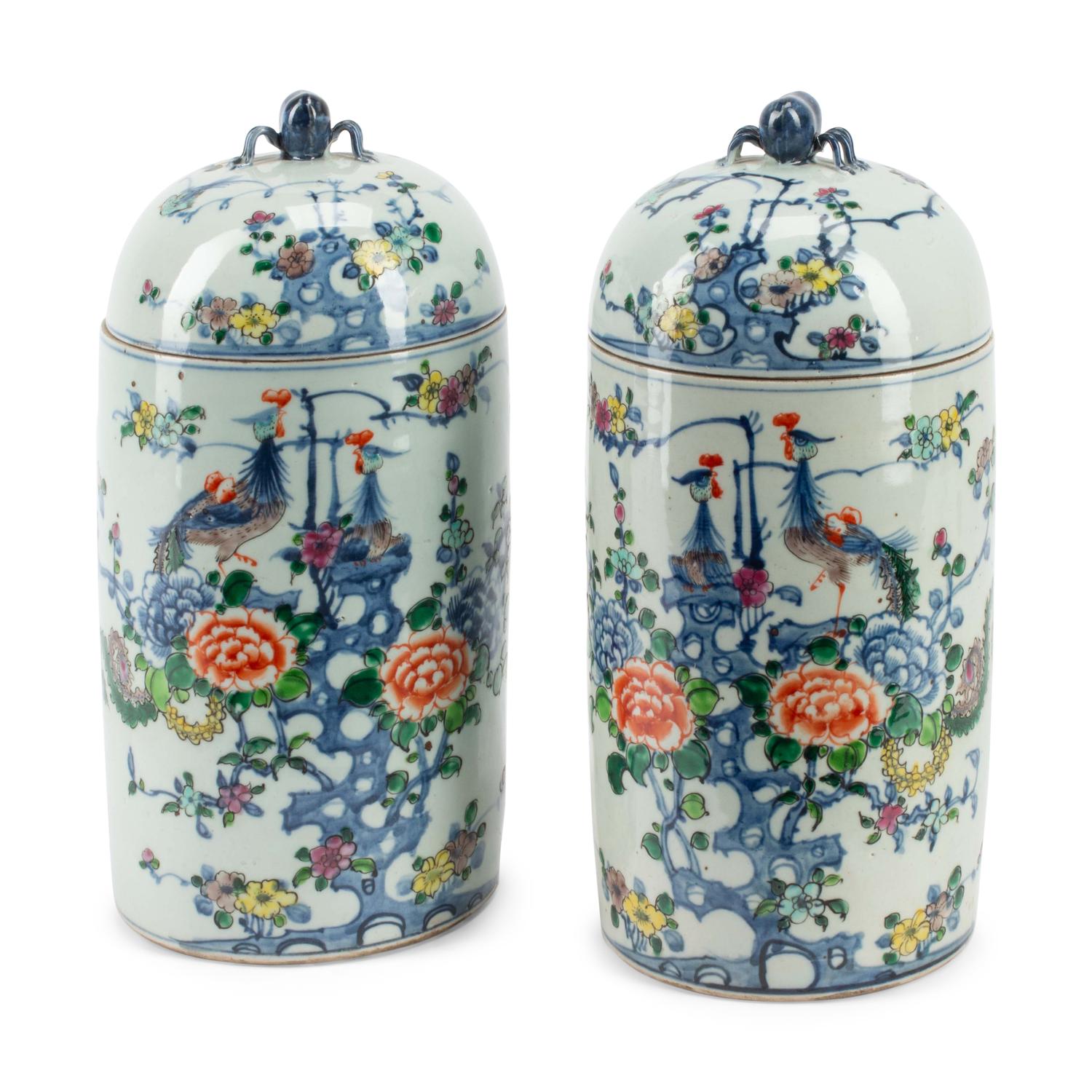 A Pair of Chinese Porcelain Cylindrical Lidded Jars