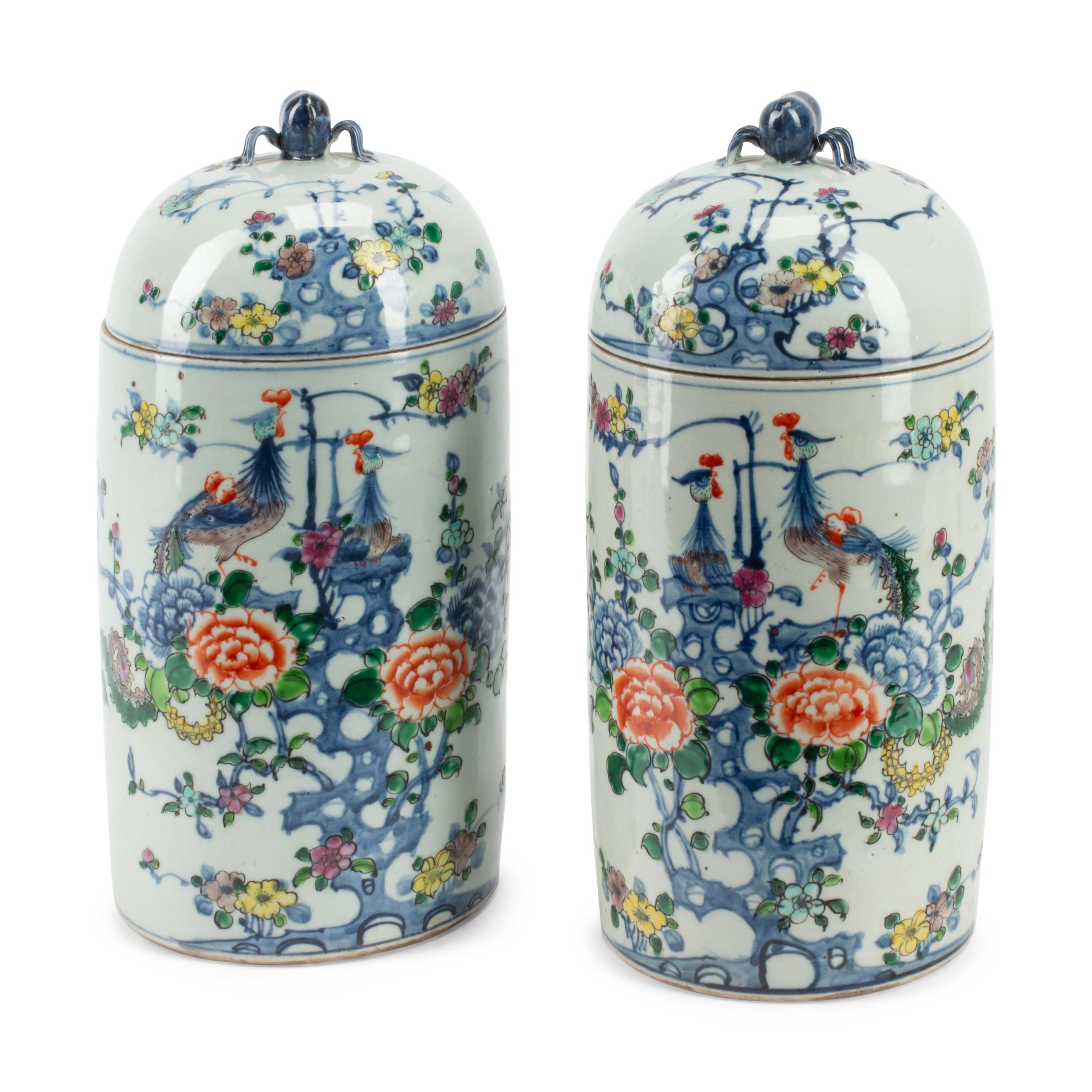 A Pair of Chinese Porcelain Cylindrical Lidded Jars