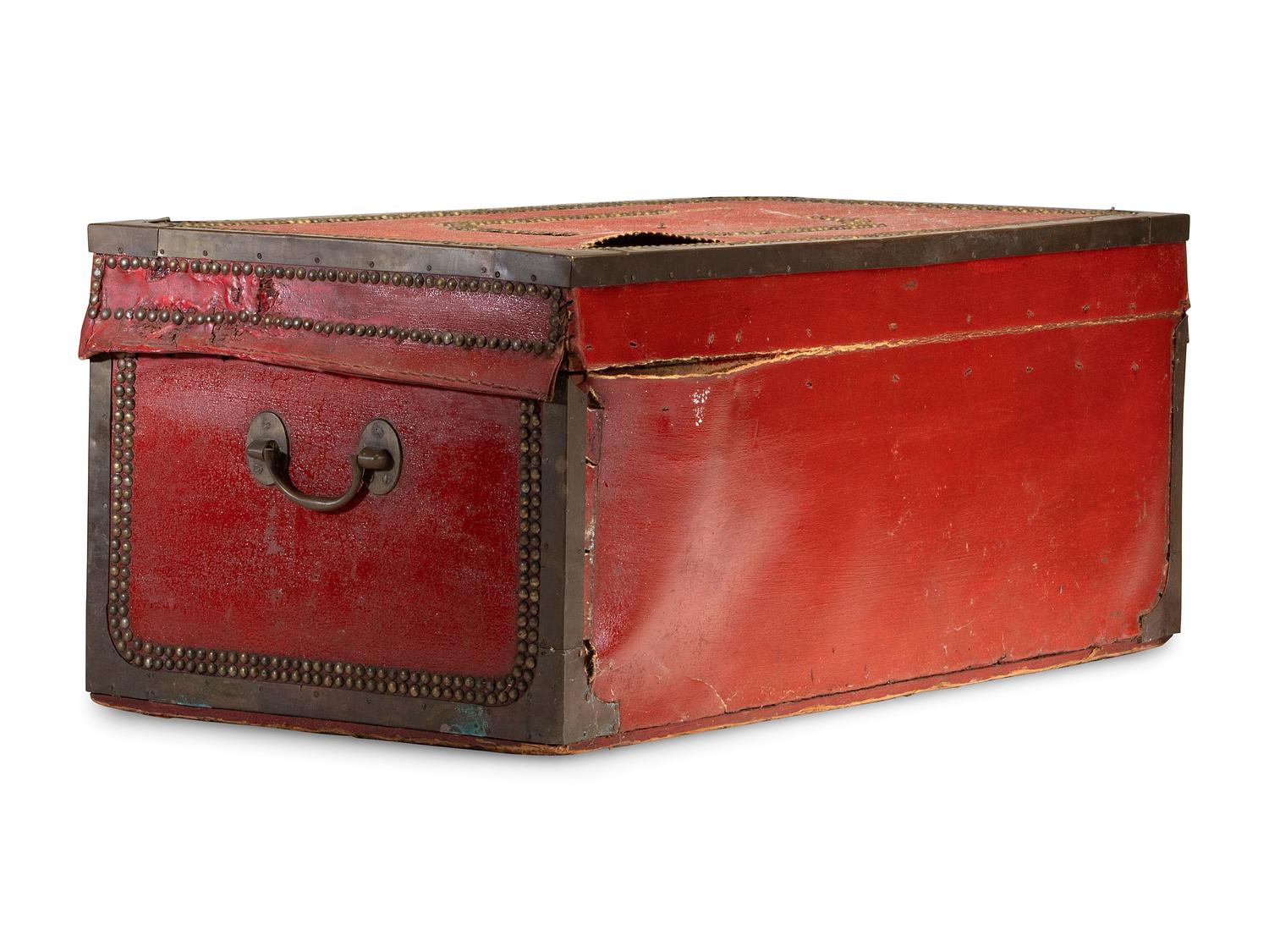A China Trade Camphorwood Red Leather Clad and Brass Tack-Decorated Trunk