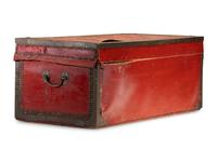 A China Trade Camphorwood Red Leather Clad and Brass Tack-Decorated Trunk