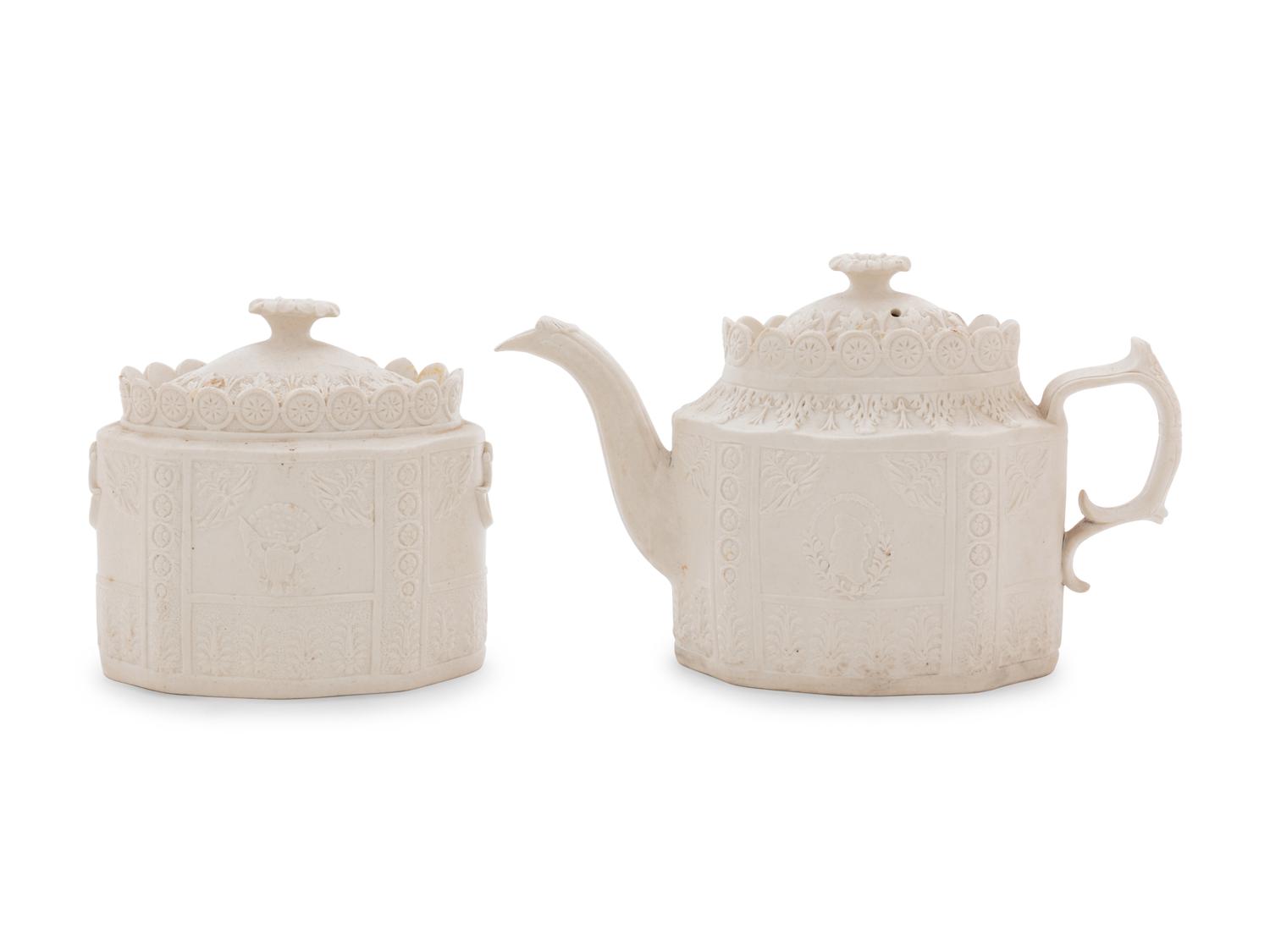 An English Stoneware Teapot and Covered Sugar