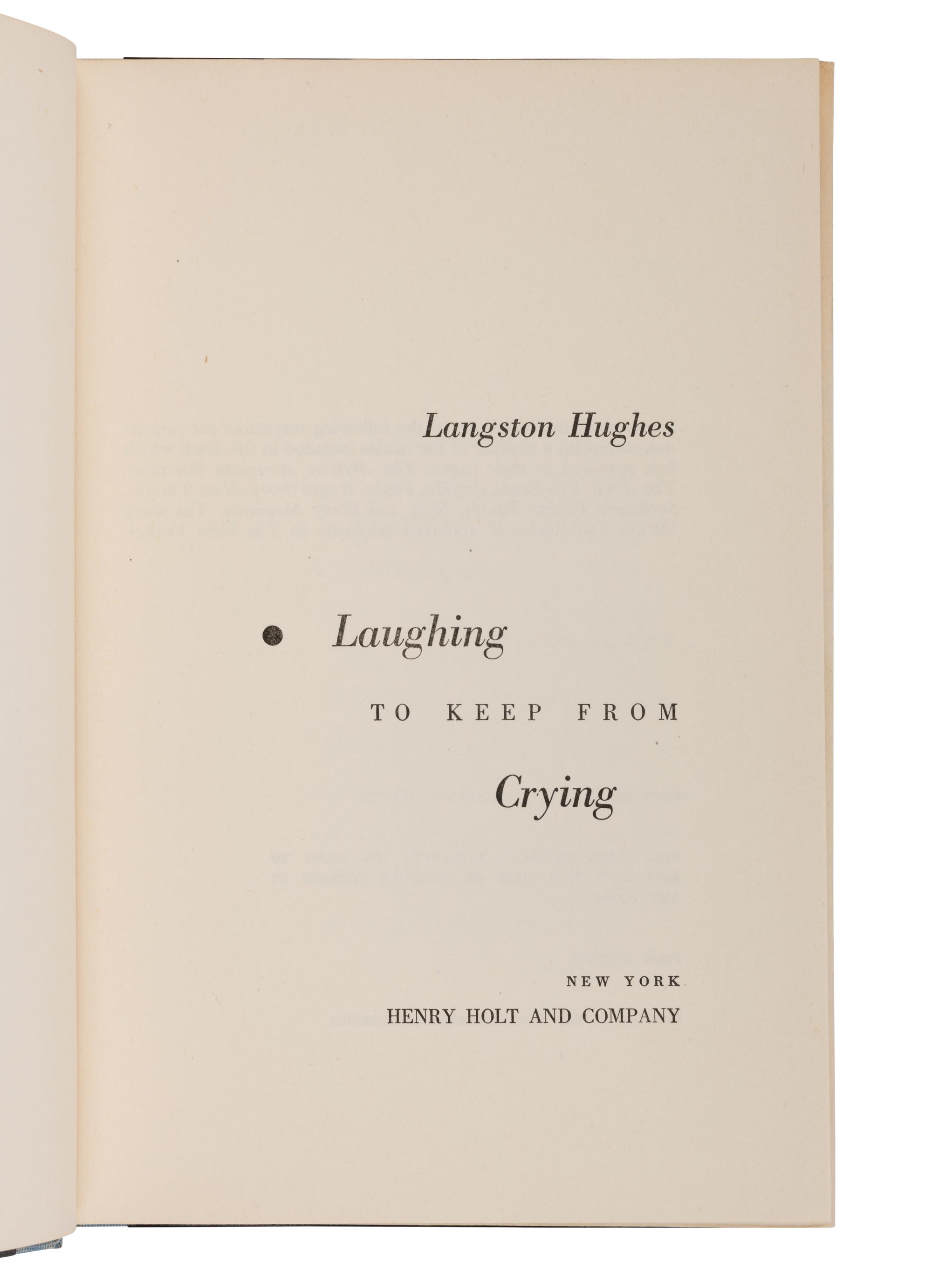 HUGHES, Langston (1901-1967). Laughing To Keep From Crying . New York: Henry Holt and Company, 1952.