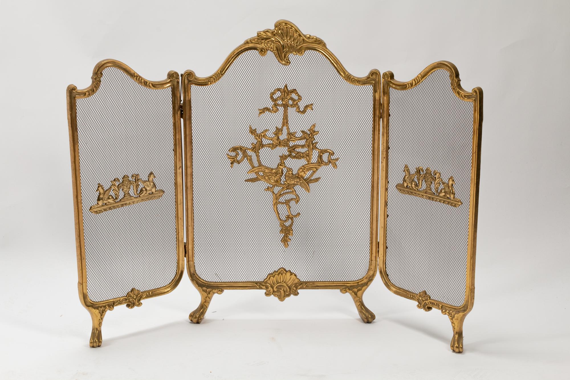 A Louis XV Style Gilt Bronze Fire Screen, a Set of Fire Tools and a Pair of Chenets