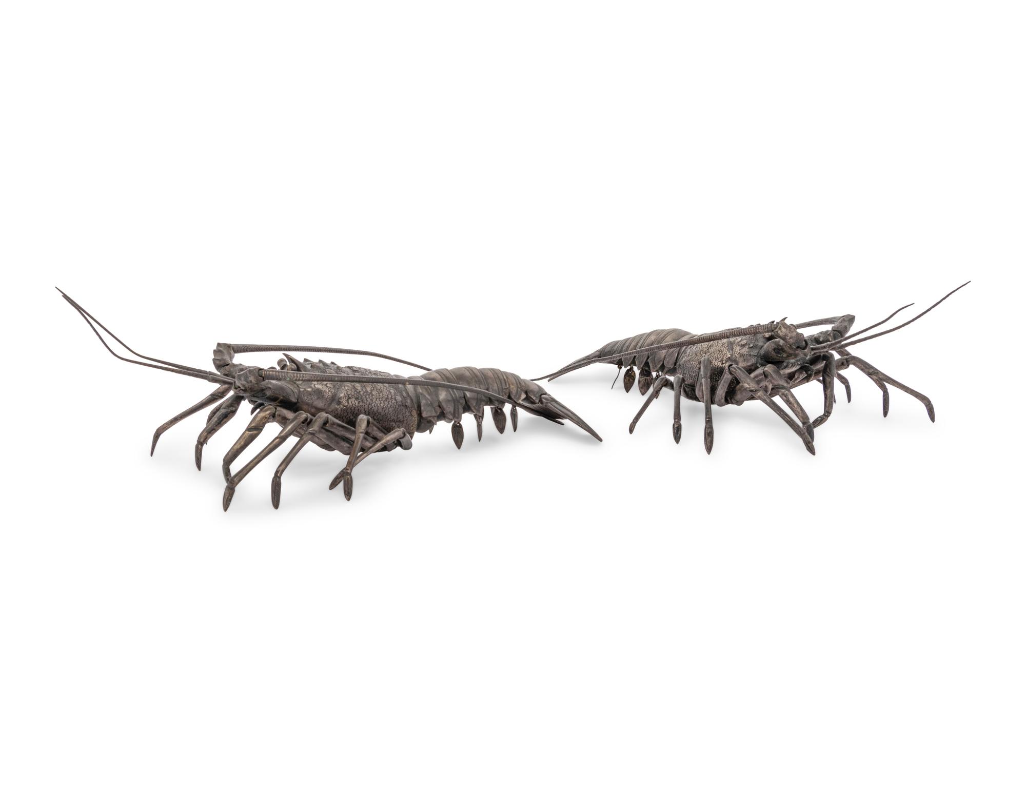 A Pair of Japanese Silvered Bronze Articulated Models of Ebi, Spiny Lobsters
