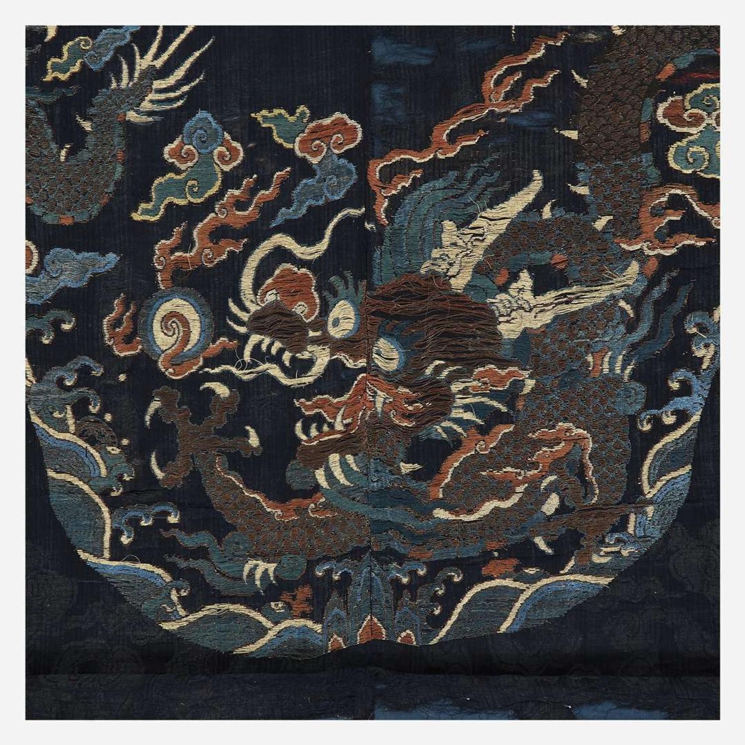 A large Chinese woven silk "Dragon" panel for a robe 17th Century
