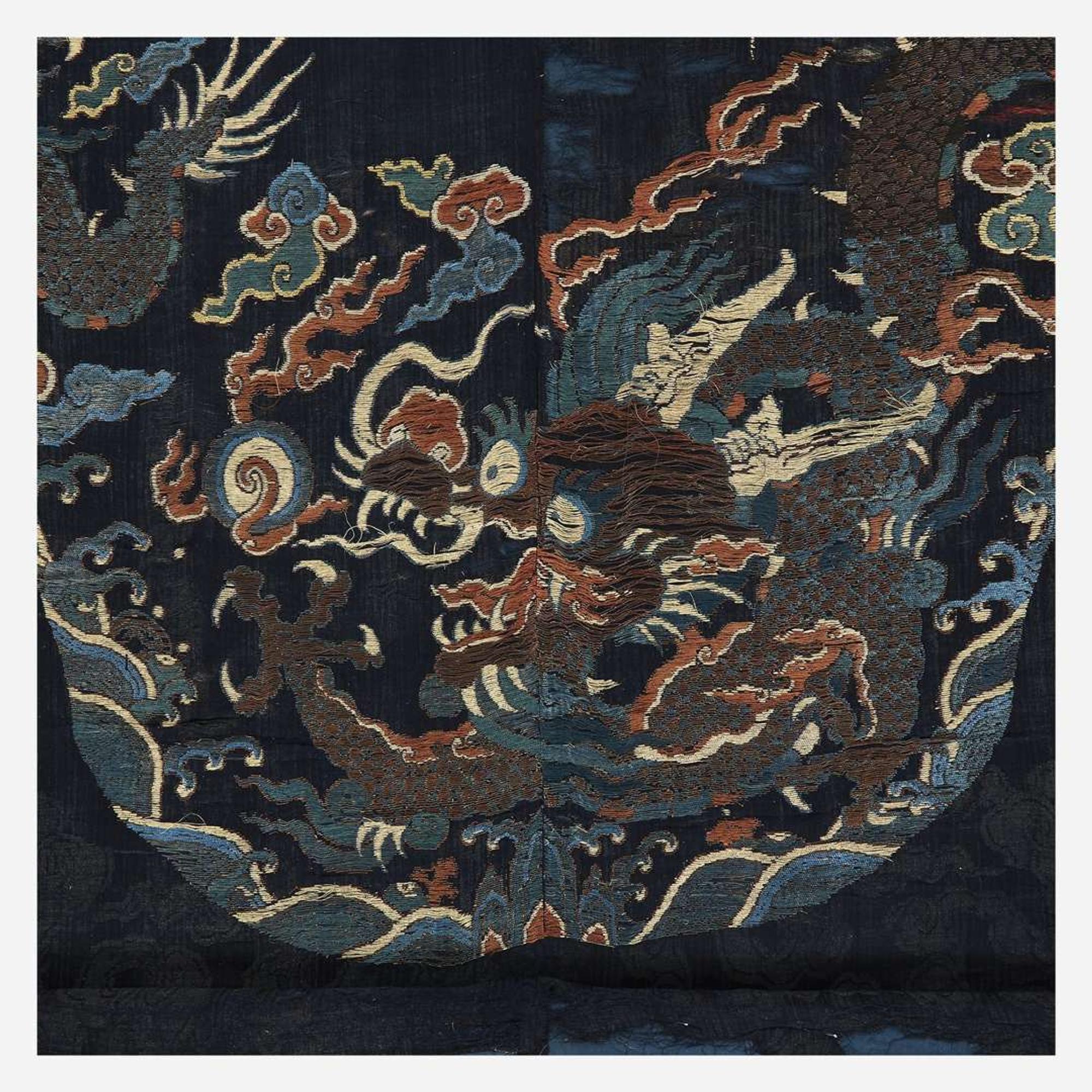 A large Chinese woven silk "Dragon" panel for a robe 17th Century