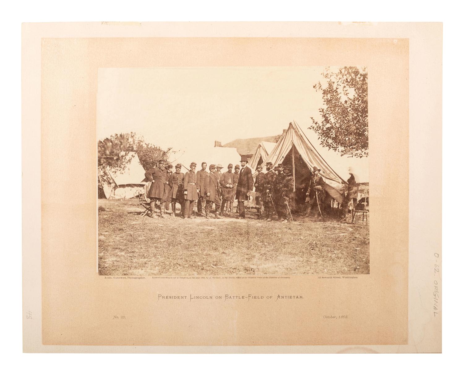 [LINCOLN, Abraham (1809-1865)]. GARDNER, Alexander (1821-1882), photographer. President Lincoln on Battle-Field of Antietam, October, 1862 . Washington, DC, 1866.