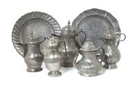 A Collection of Pewter Articles Height of tallest 7 1/2 inches.