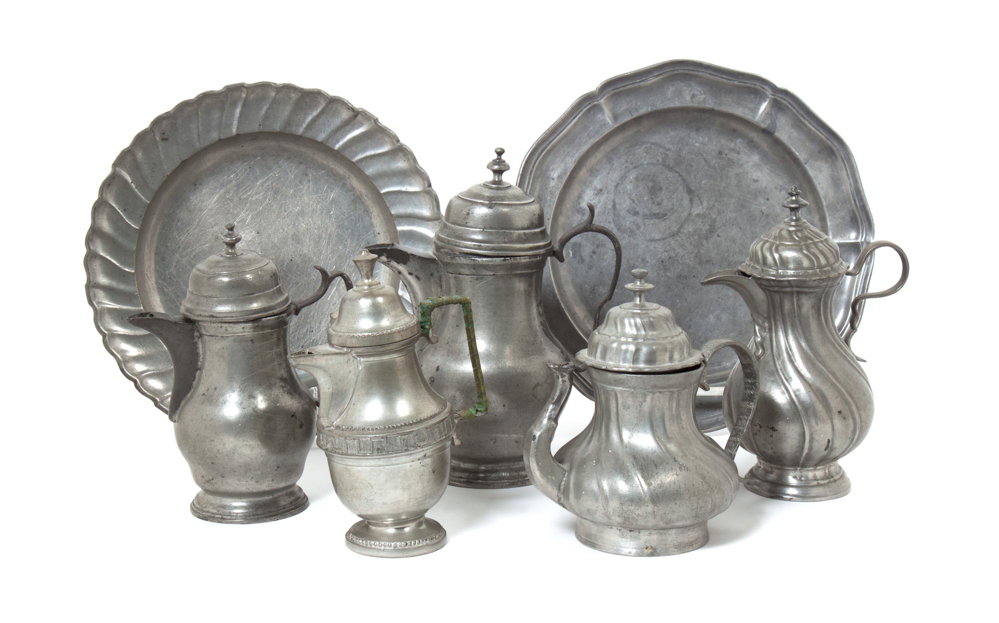 A Collection of Pewter Articles Height of tallest 7 1/2 inches.