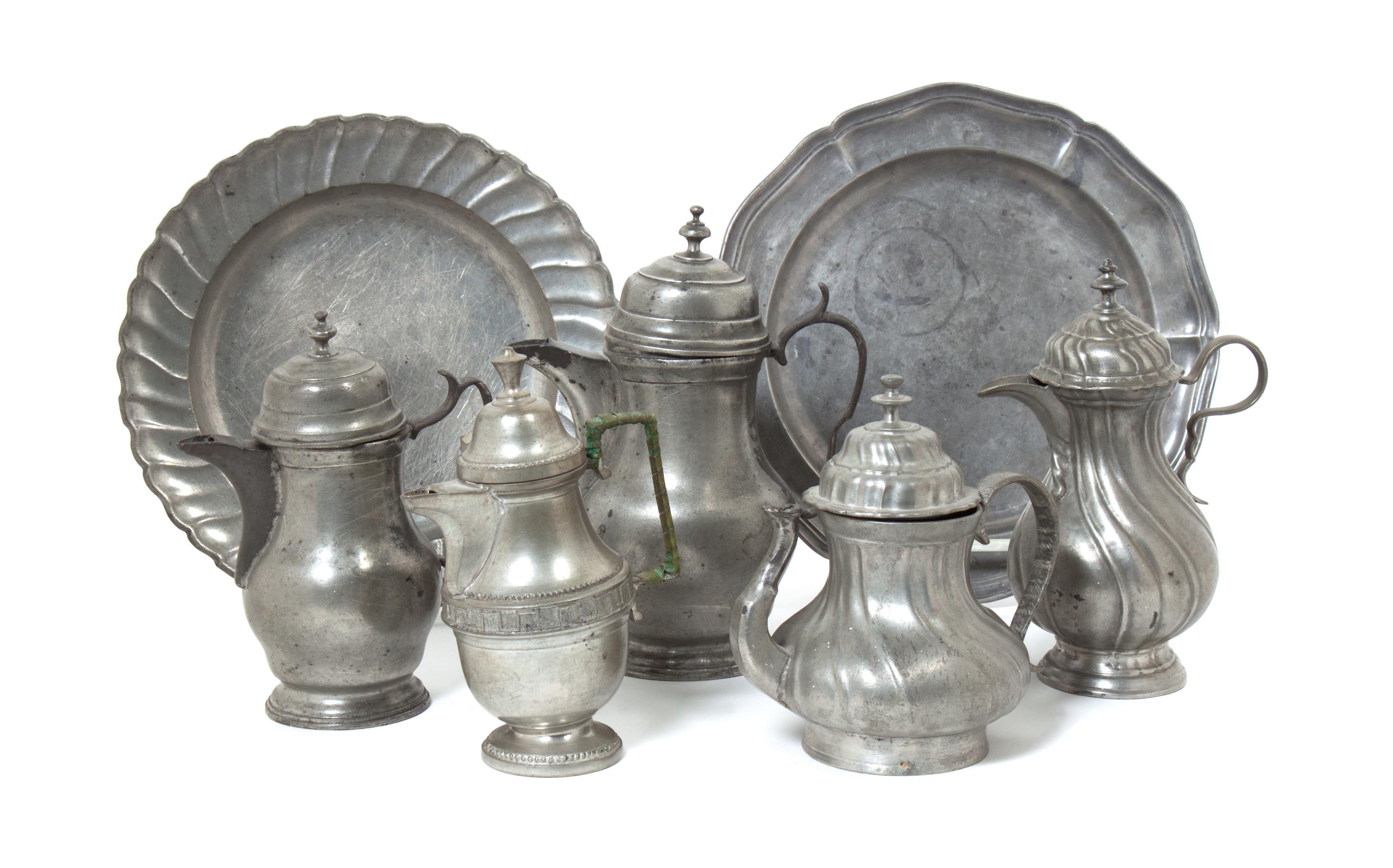 A Collection of Pewter Articles Height of tallest 7 1/2 inches.