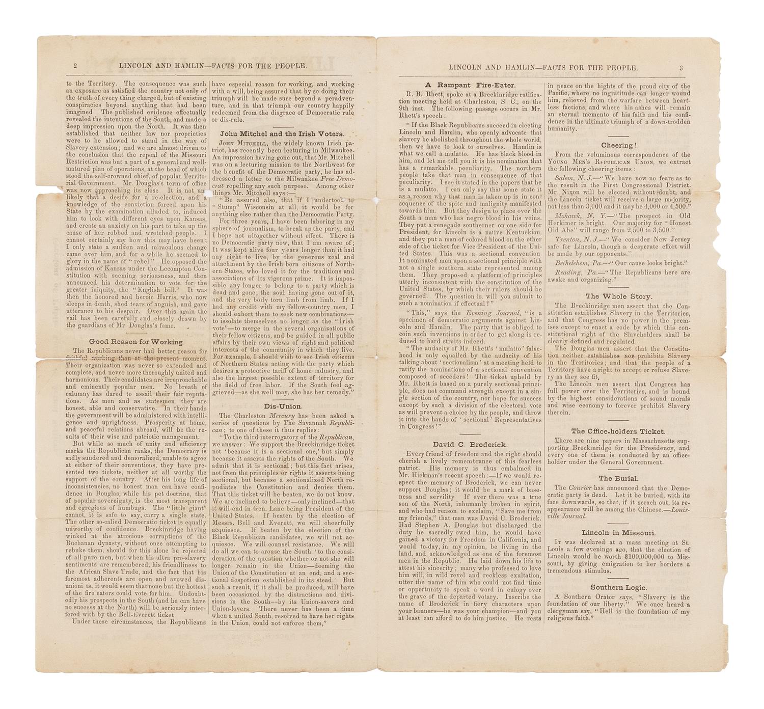[LINCOLN-HAMLIN CAMPAIGN]. Lincoln and Liberty!! Tract, No. 7. New York: Young Men's Republican Union, 31 July 1860.