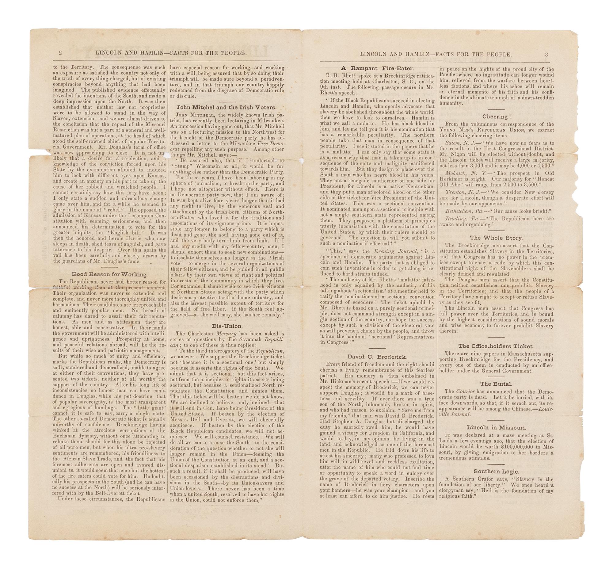 [LINCOLN-HAMLIN CAMPAIGN]. Lincoln and Liberty!! Tract, No. 7. New York: Young Men's Republican Union, 31 July 1860.
