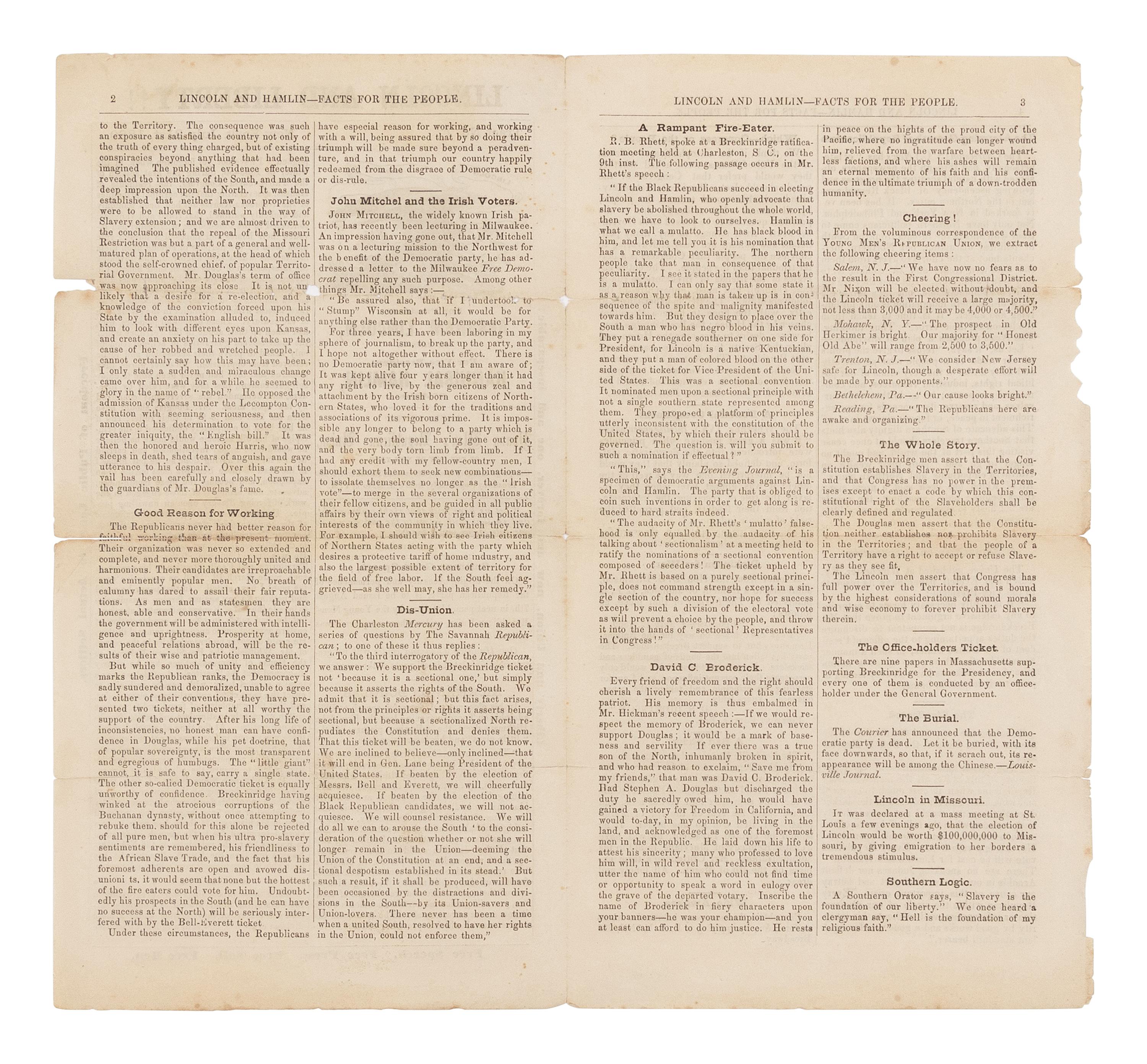 [LINCOLN-HAMLIN CAMPAIGN]. Lincoln and Liberty!! Tract, No. 7. New York: Young Men's Republican Union, 31 July 1860.
