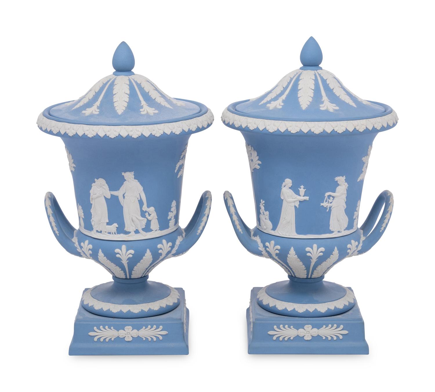A Pair of Wedgwood Jasperware Covered Urns