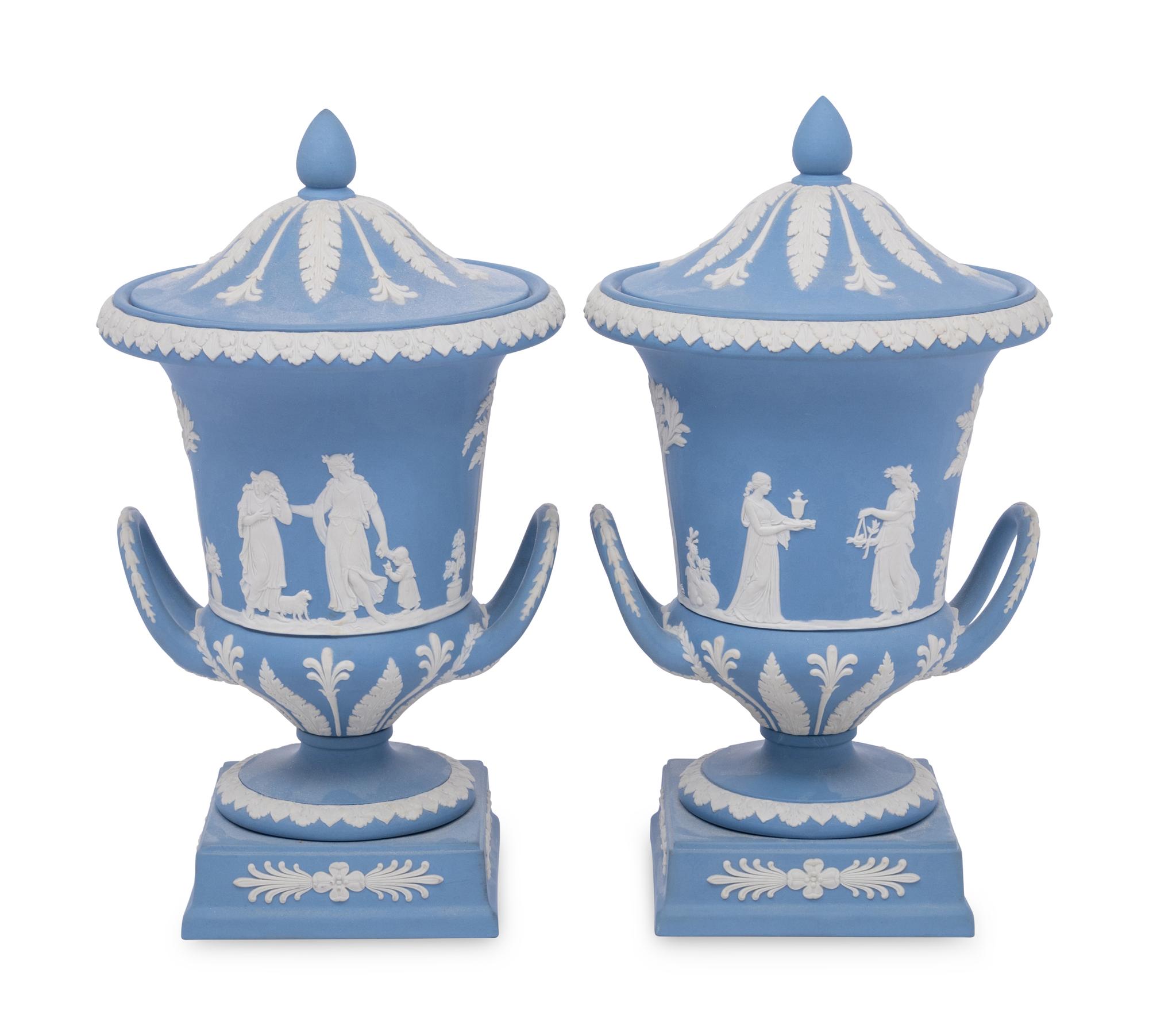 A Pair of Wedgwood Jasperware Covered Urns