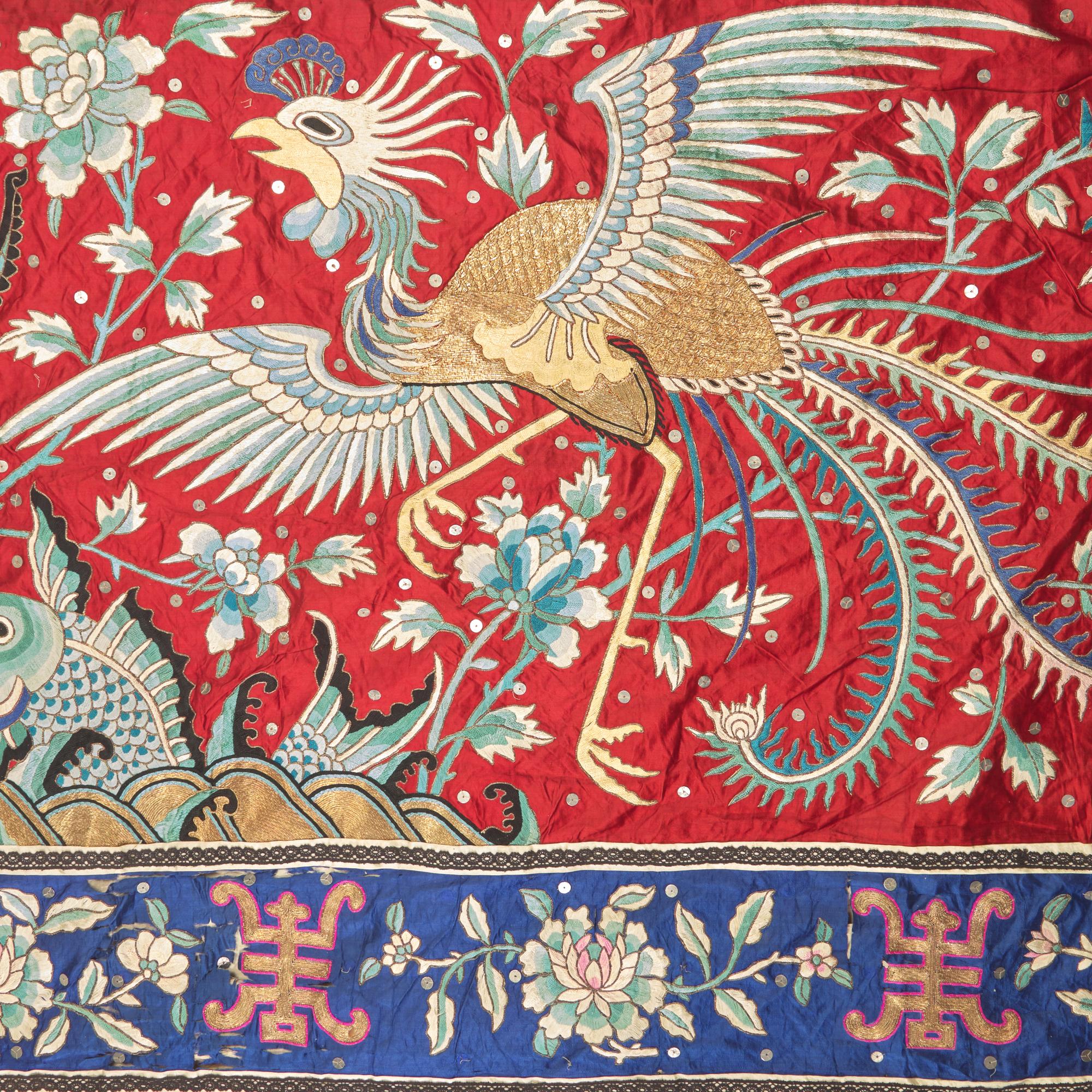 A Massive Chinese Red Ground Embroidered Silk Wall Panel, Early 20th Century 晚清/民國 紅地繡太平有象大掛帳