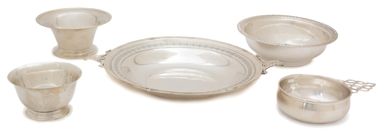 Five American Silver Bowls, Various Makers, 20th Century, comprising a porringer, a Revere style bowl, a footed bowl, a gadrooned bowl