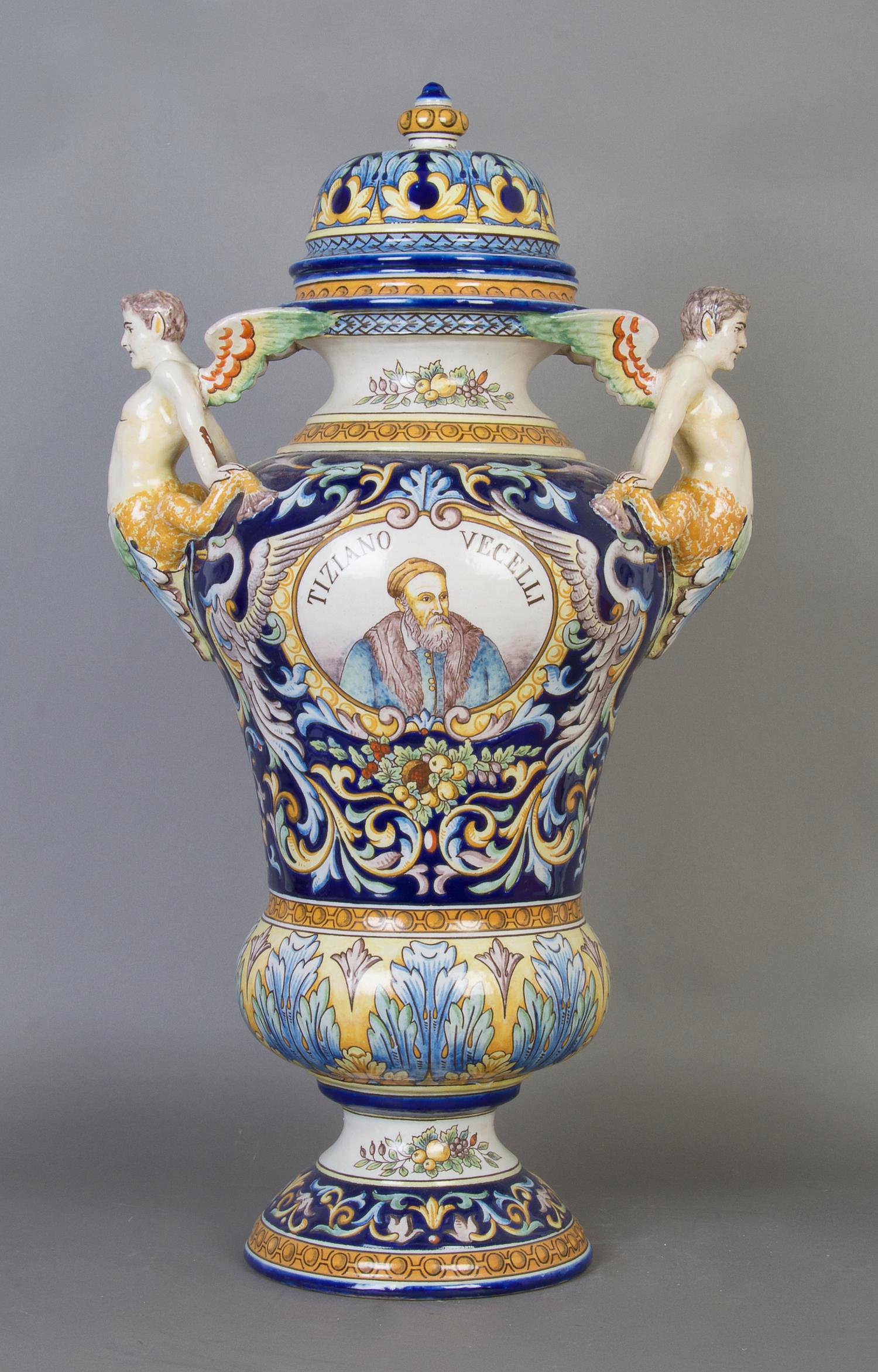 A French Faience Urn and Cover, A. Montagnon, Height 27 1/2 inches.