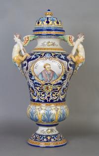 A French Faience Urn and Cover, A. Montagnon, Height 27 1/2 inches.